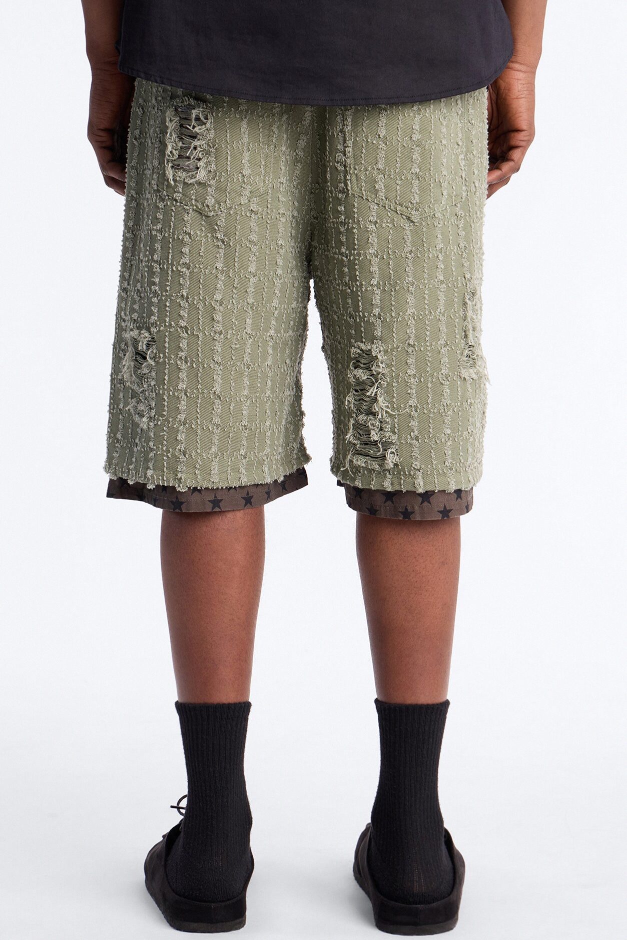 Baggy Double Waisted Stars And Distressed Short - Olive