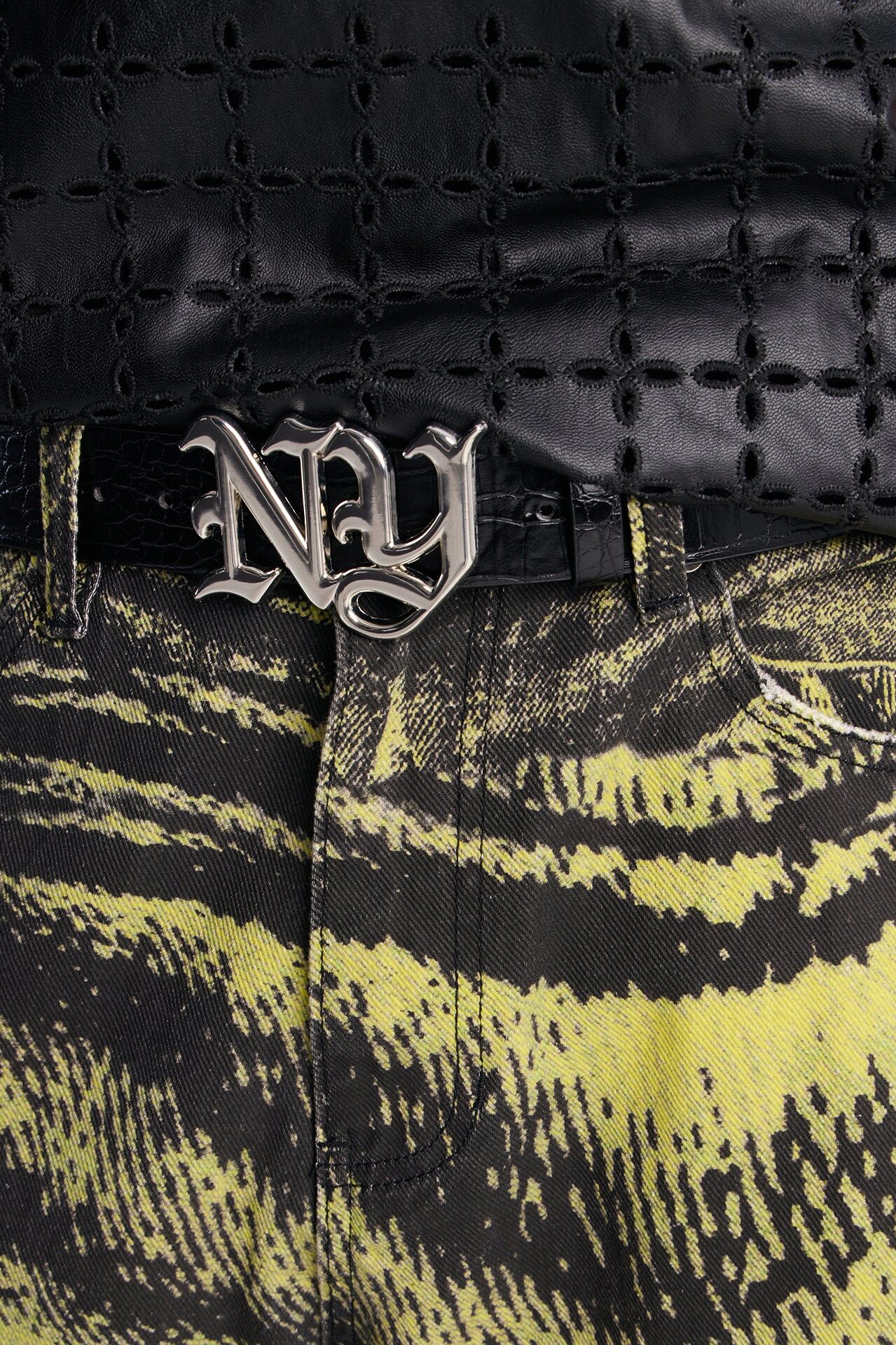 NY Initial Buckle Crocodile Embossed Faux Leather Belt - Black/combo