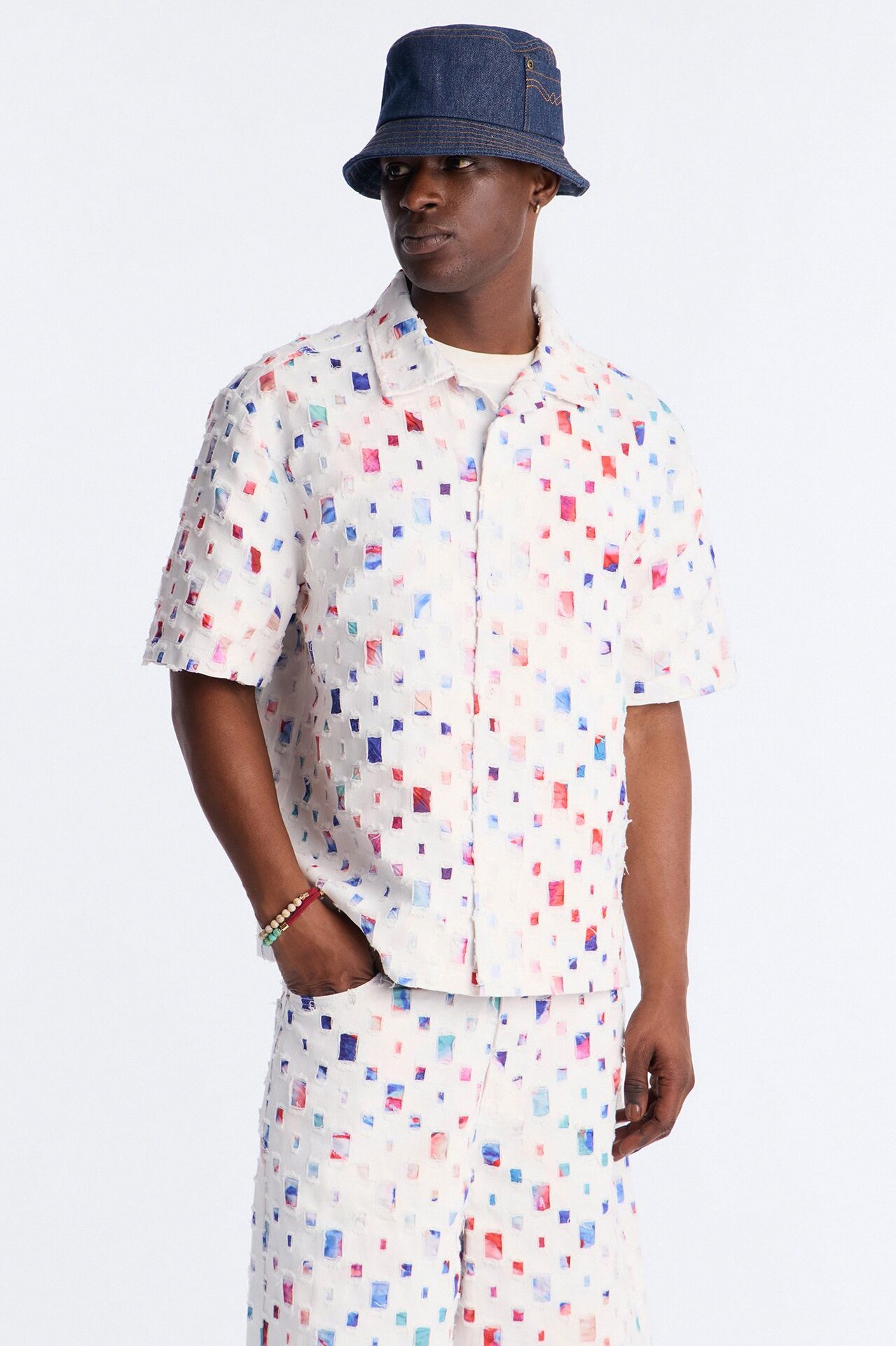 Cropped Watercolor Window Button Up Shirt - White