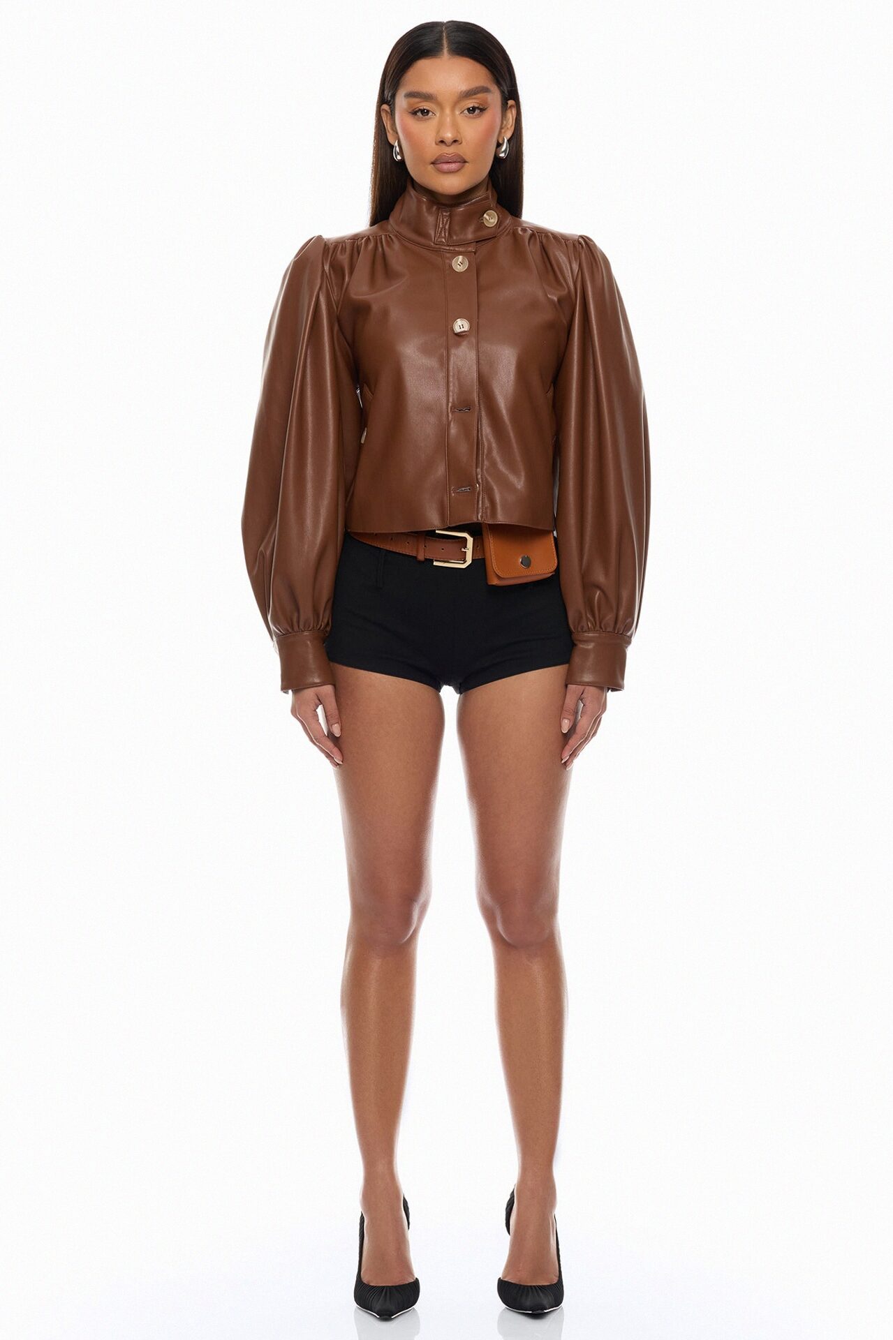 Marnie Balloon Sleeve Faux Leather Jacket - Brown