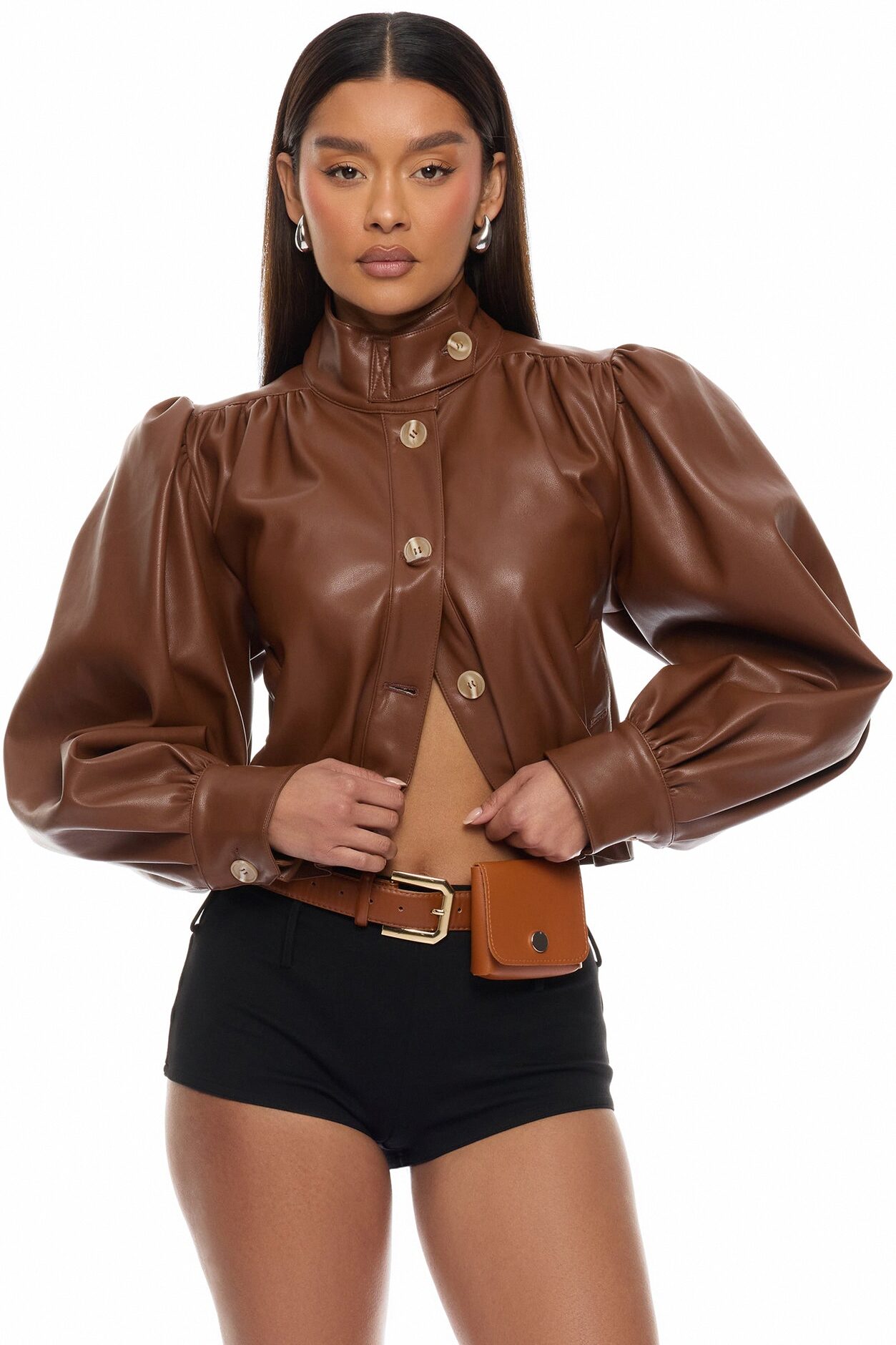 Marnie Balloon Sleeve Faux Leather Jacket - Brown