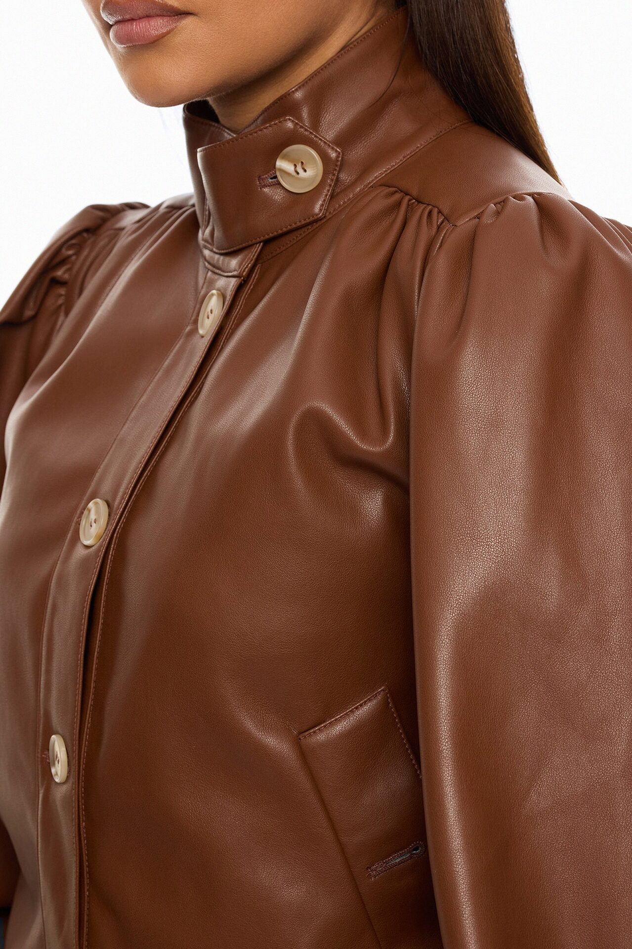 Marnie Balloon Sleeve Faux Leather Jacket - Brown