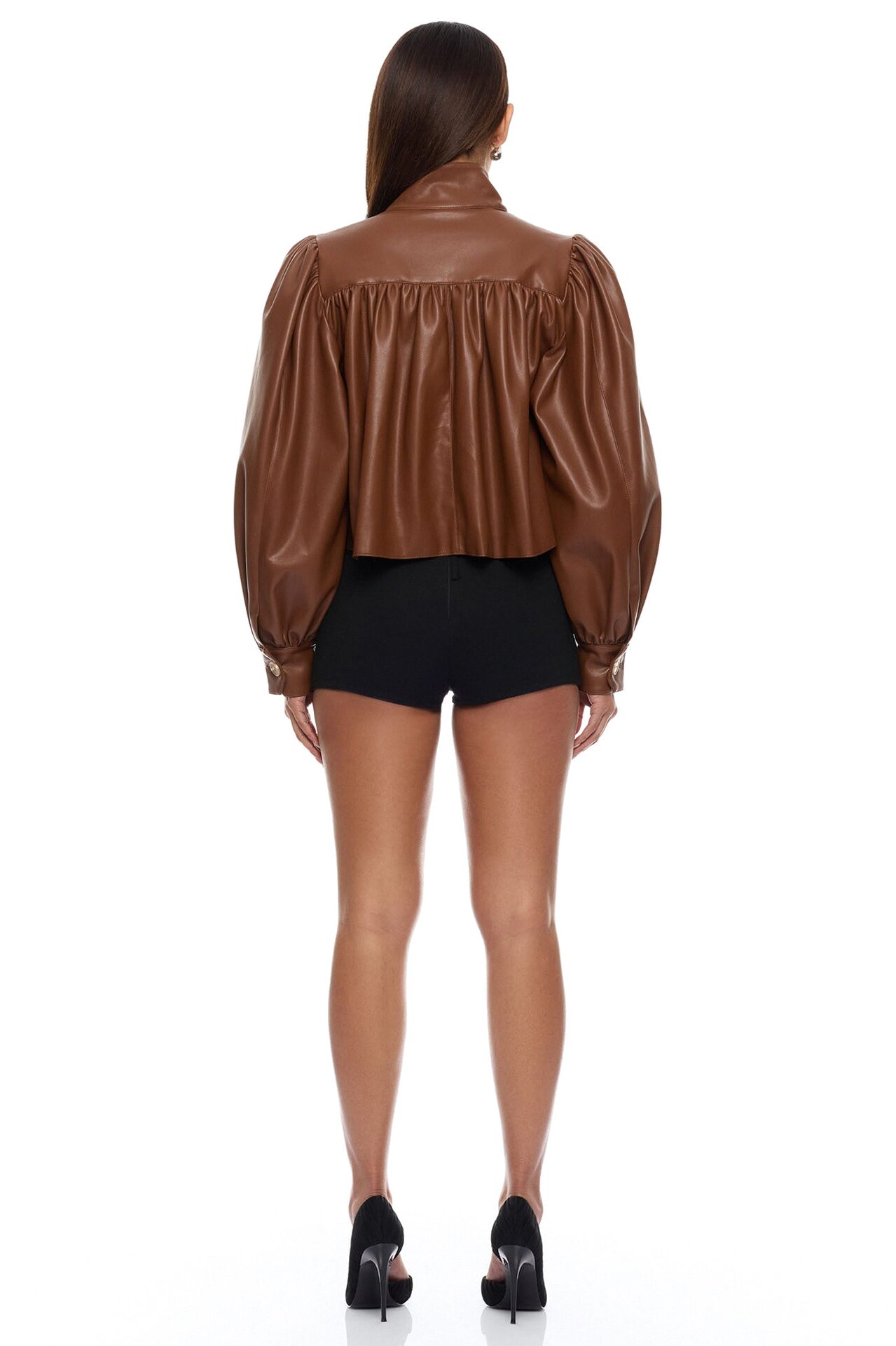 Marnie Balloon Sleeve Faux Leather Jacket - Brown
