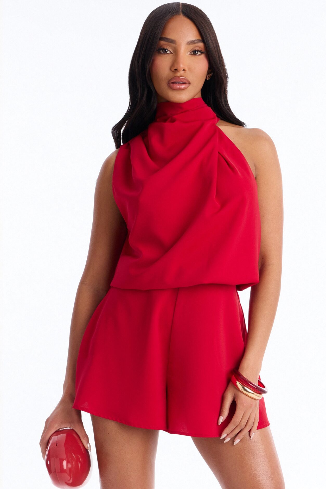 Rina Draped High Neck Romper - Red