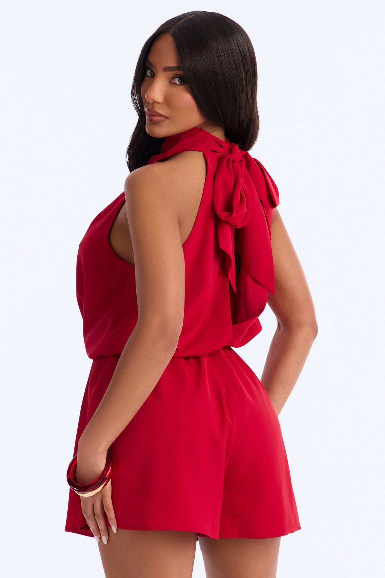 Rina Draped High Neck Romper - Red