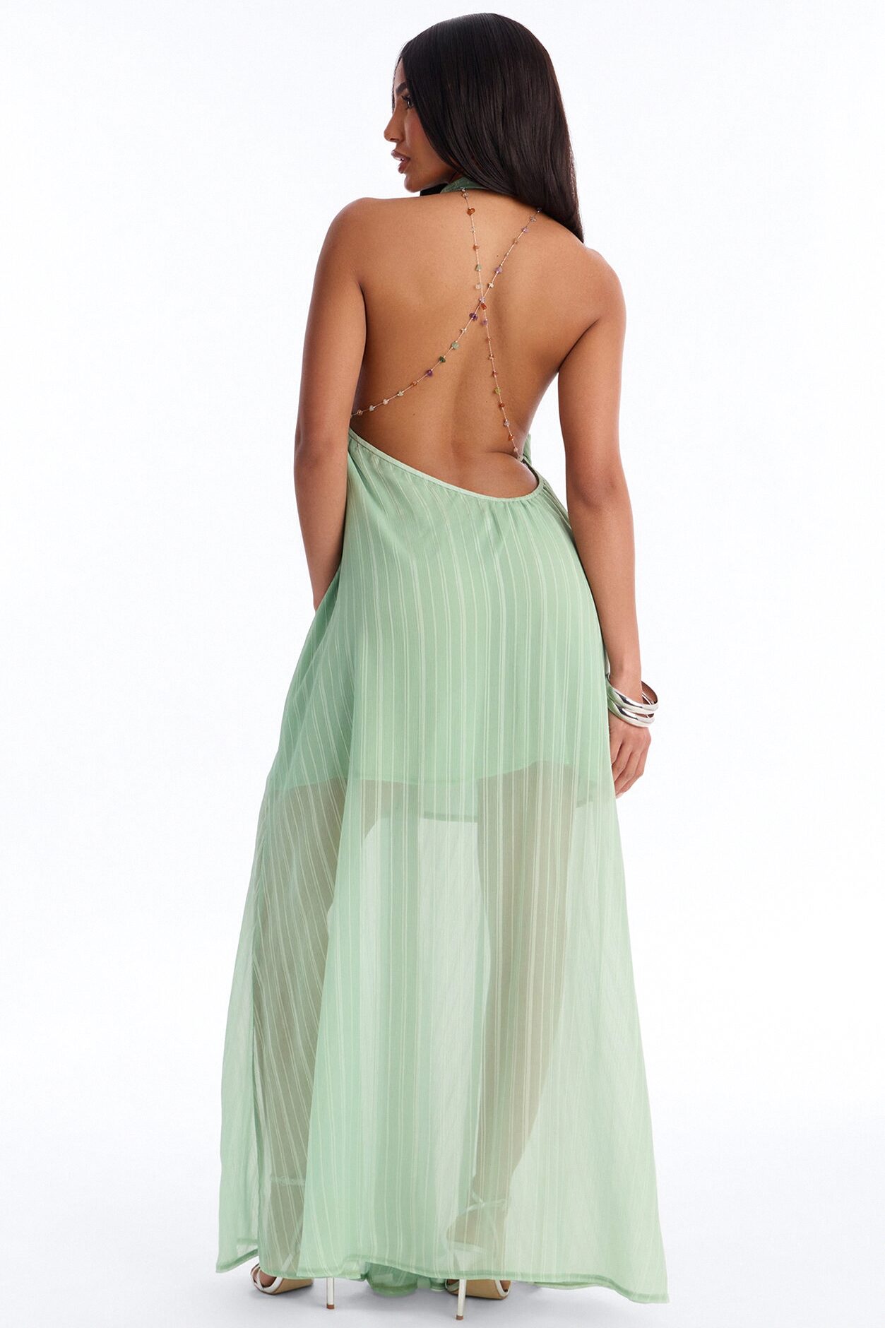 Amelia Backless Beaded Maxi Dress - Sage