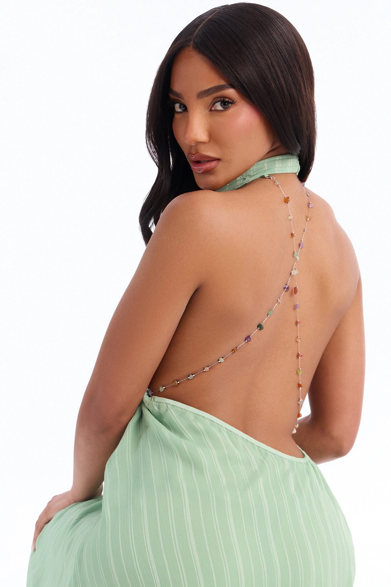 Amelia Backless Beaded Maxi Dress - Sage