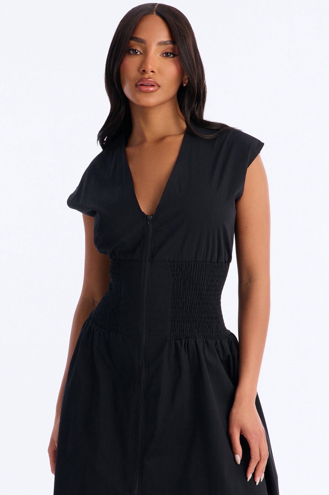 Too Busy Cinched Waist Midi Dress - Black