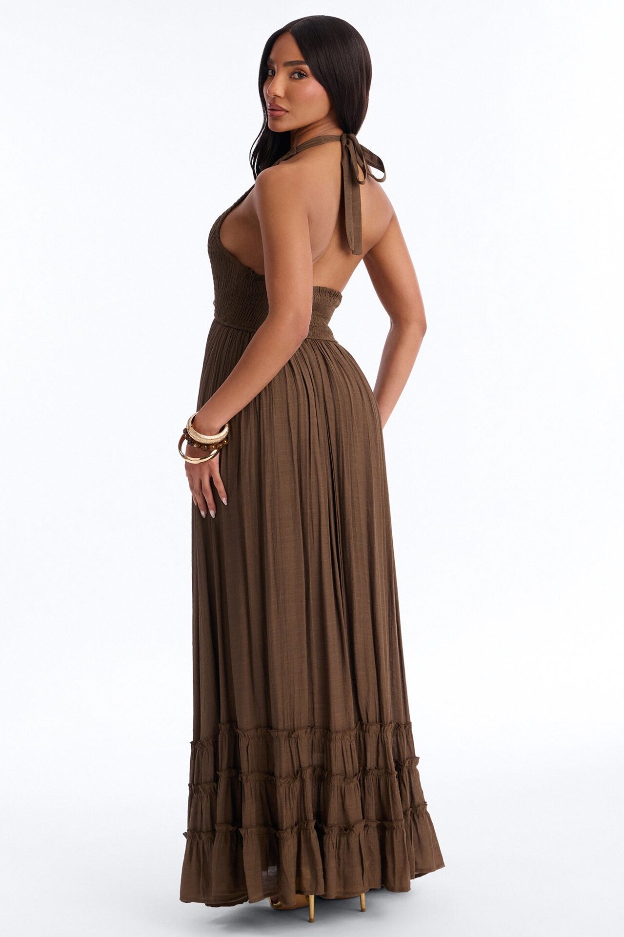 Freya Smocked Linen Maxi Dress - Chocolate