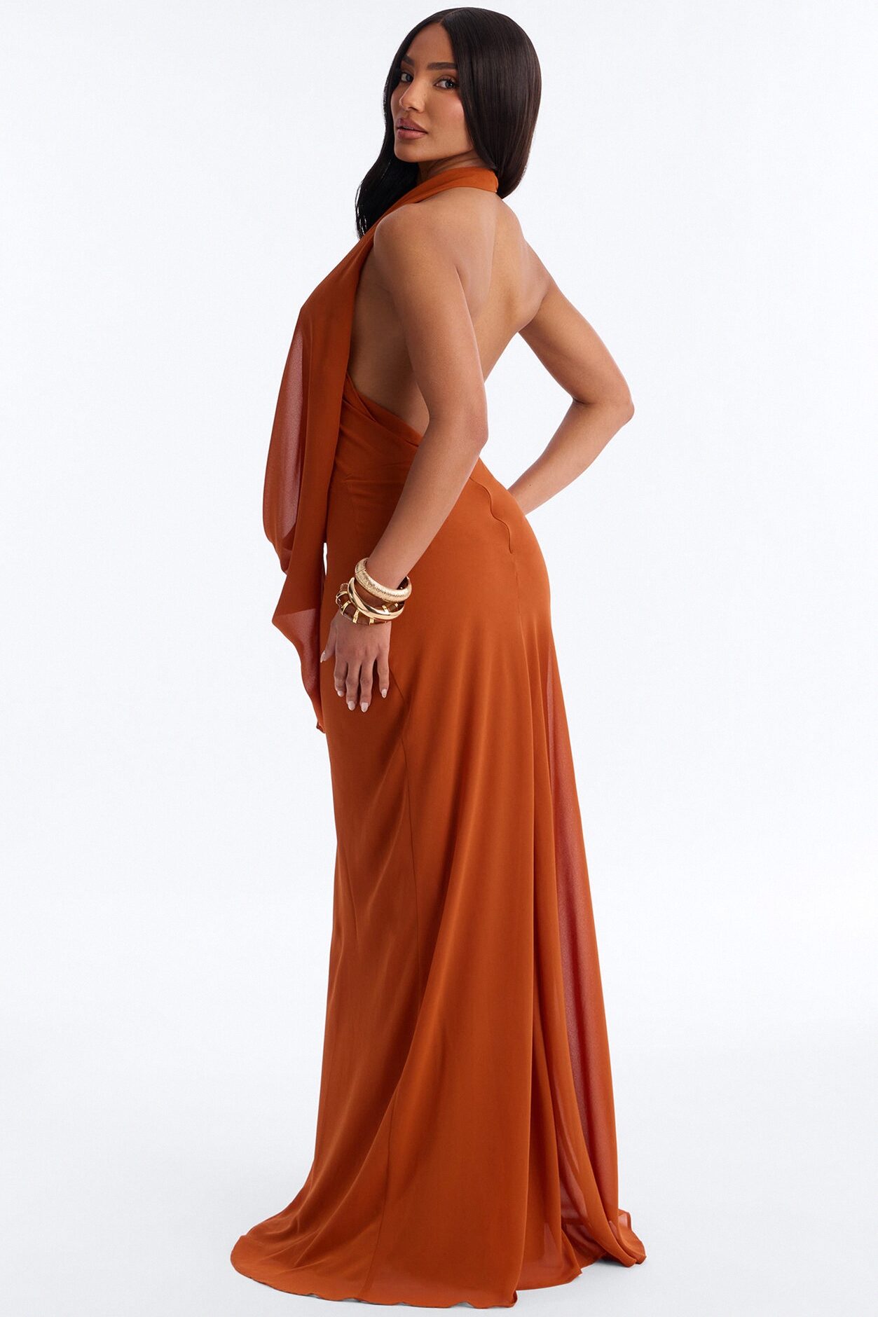 Indyah Draped Chiffon Maxi Dress - Cognac