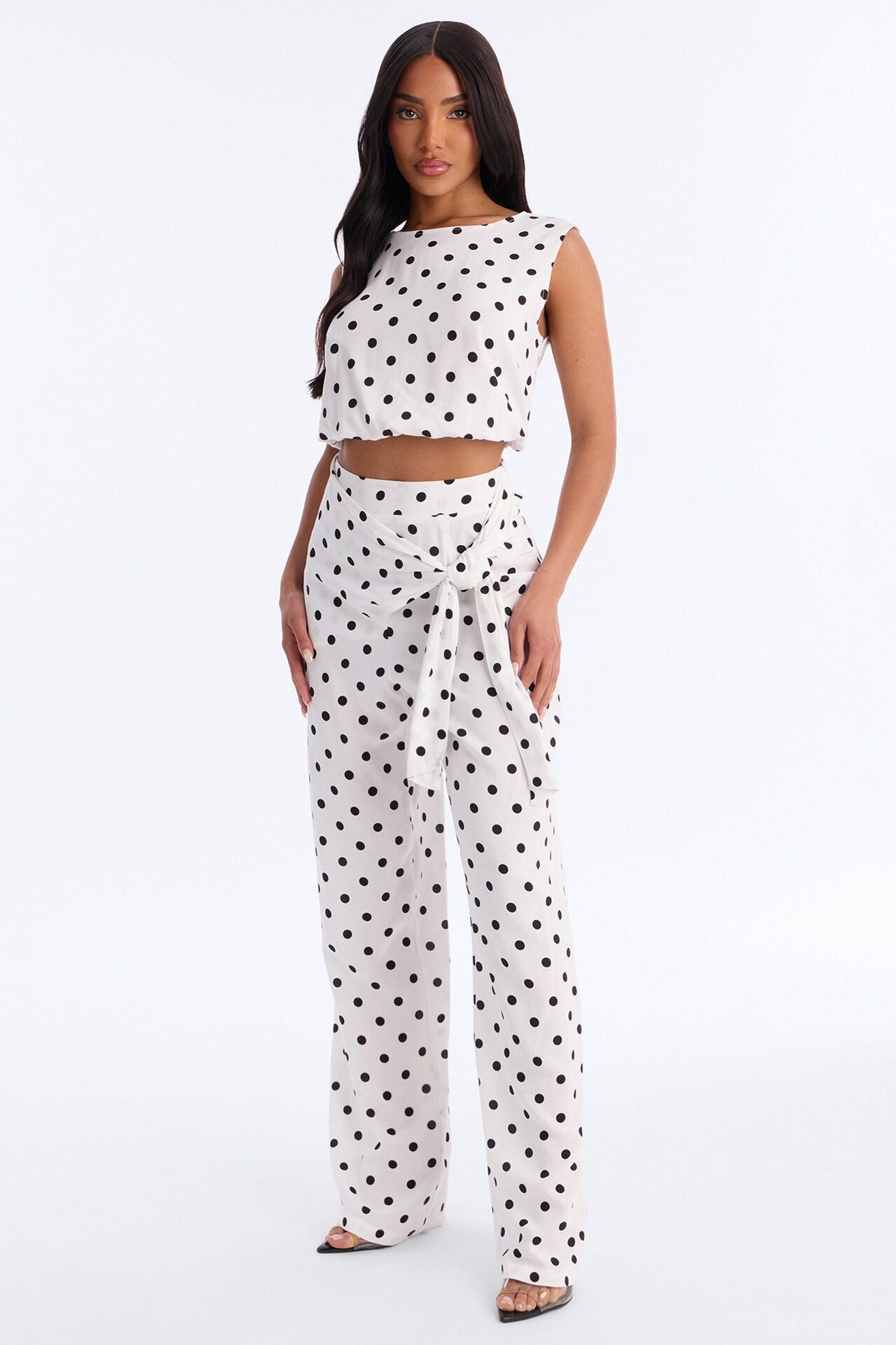 Gemma Polka Dot Wide Leg Pant Set - White/Black