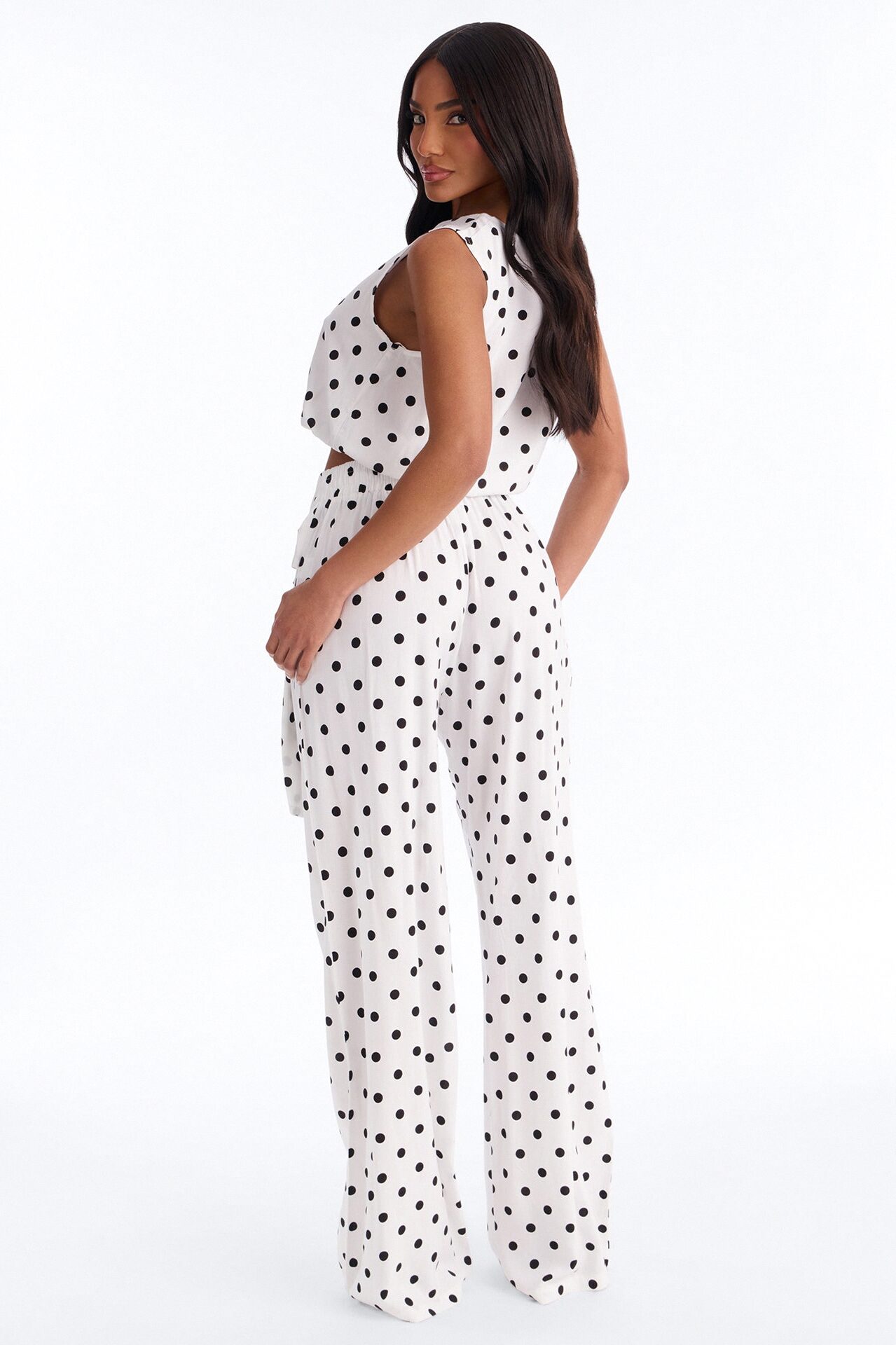 Gemma Polka Dot Wide Leg Pant Set - White/Black