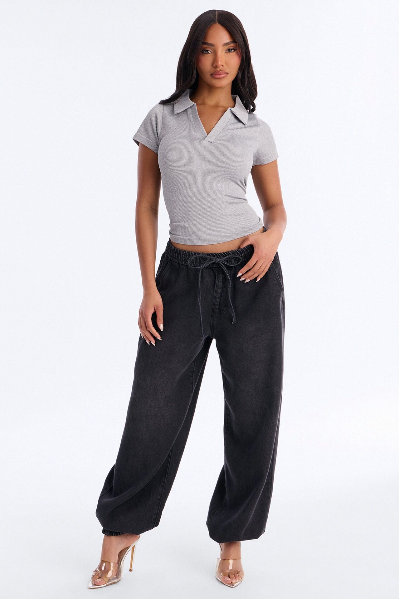 Evie Seamless Basic Polo Top - Heather Grey