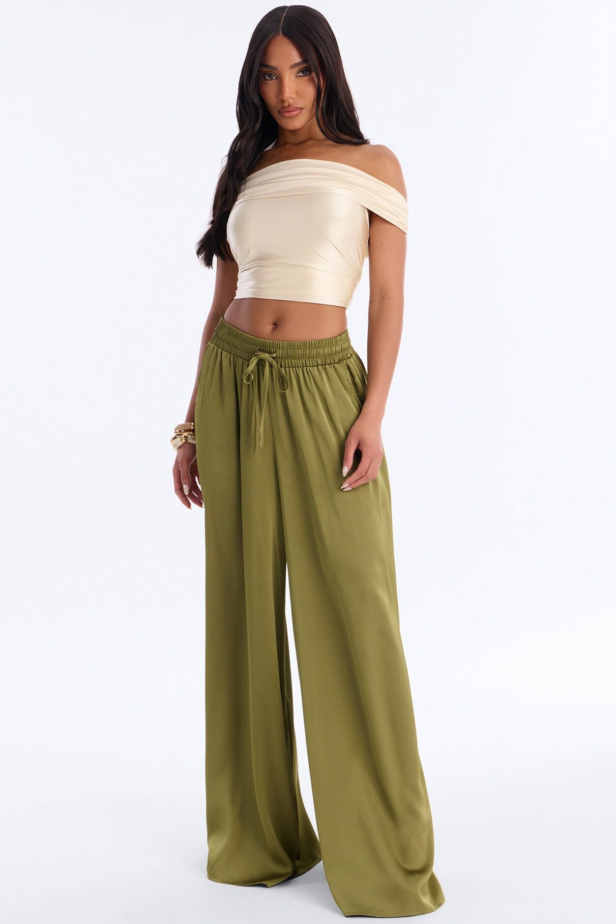Slay All Night Wide Leg Satin Pant 33″ - Olive