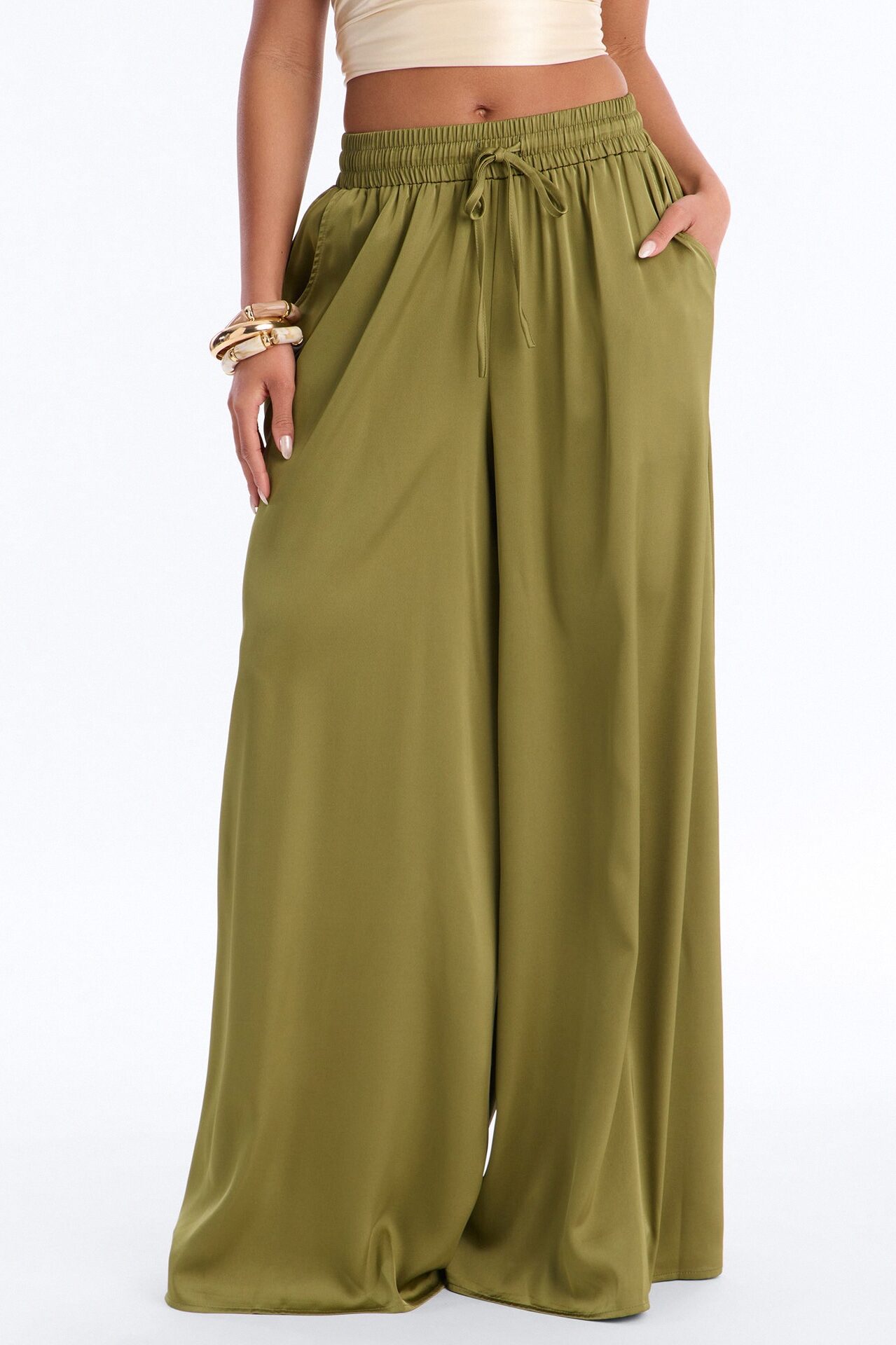 Slay All Night Wide Leg Satin Pant 33″ - Olive