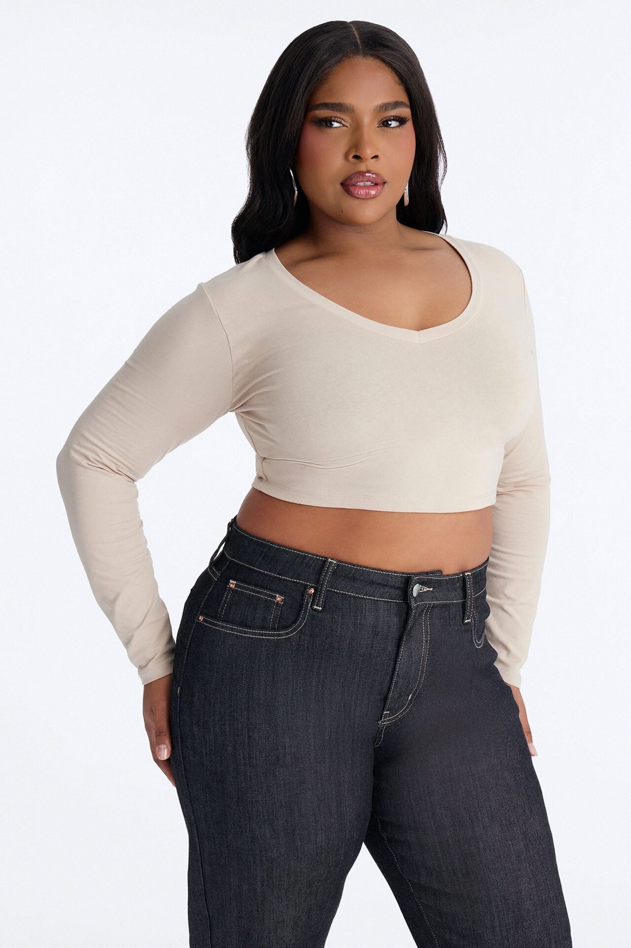 Carly V Neck Crop Long Sleeve Tee - Stone