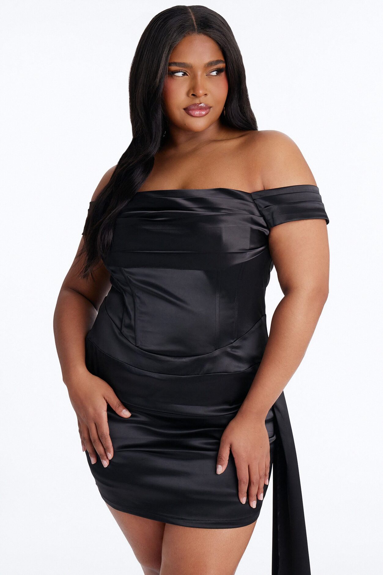 Daphne Off Shoulder Satin Mini Dress - Black