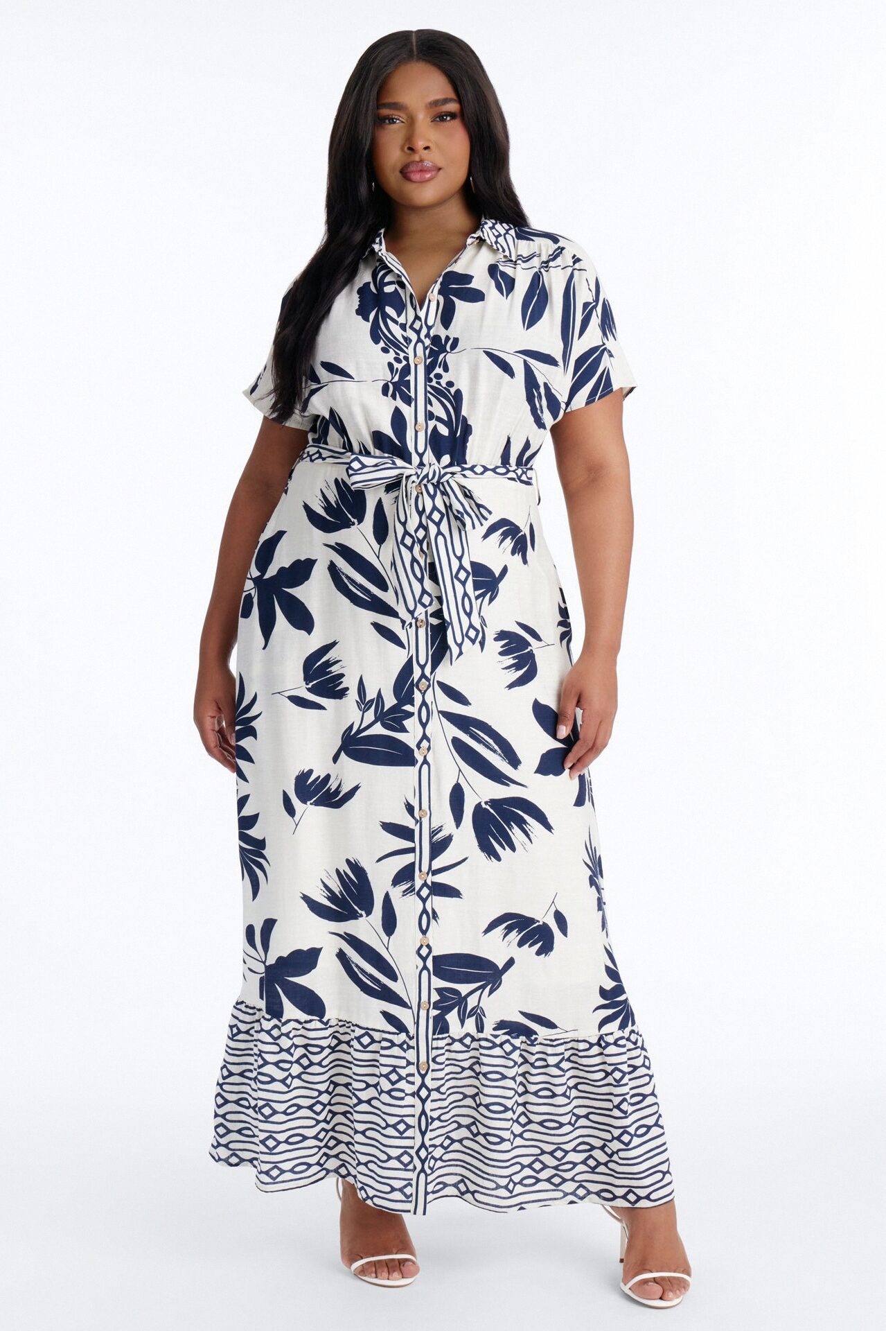 Mable Collared Linen Maxi Dress - Navy/combo