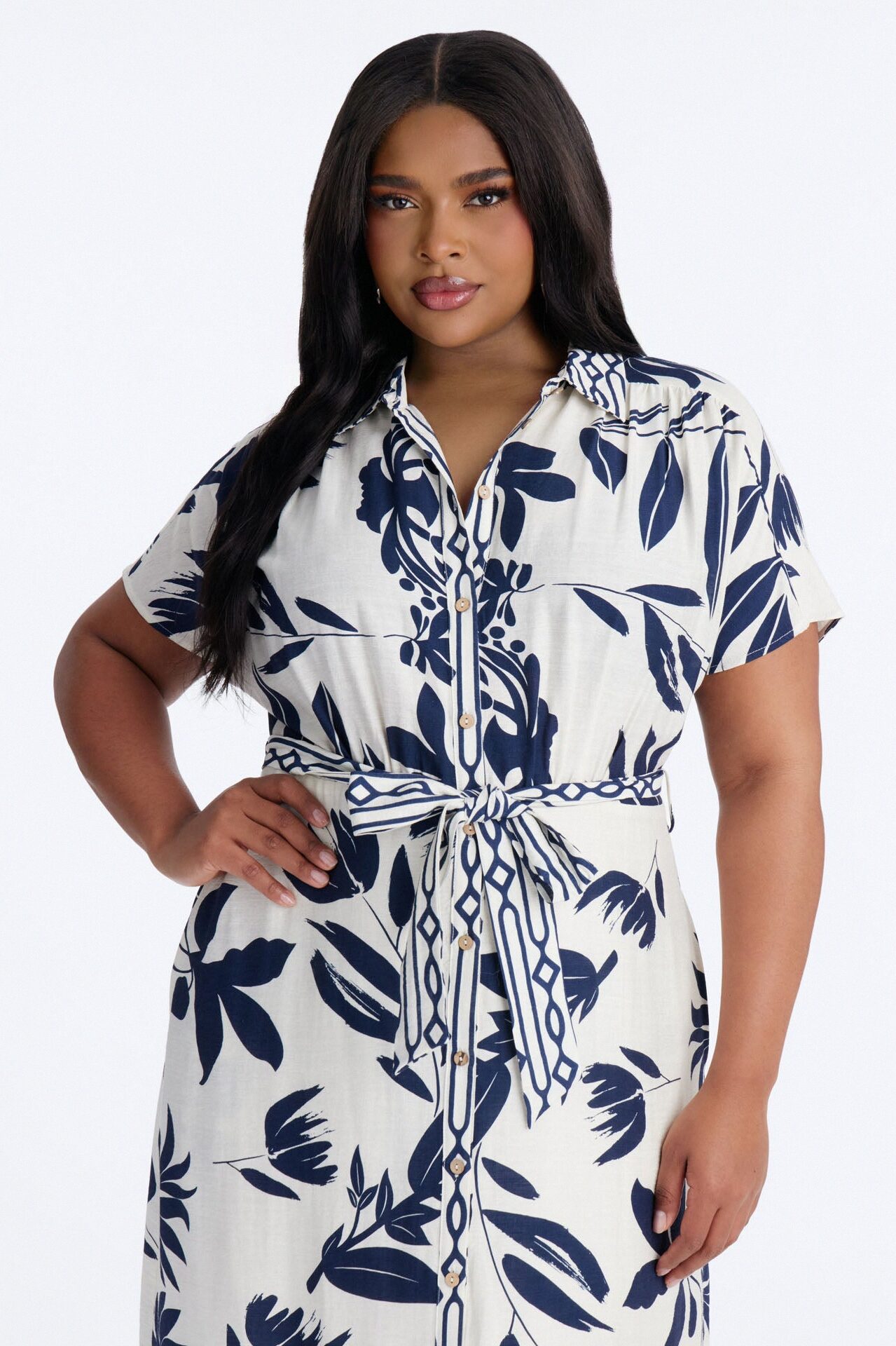 Mable Collared Linen Maxi Dress - Navy/combo