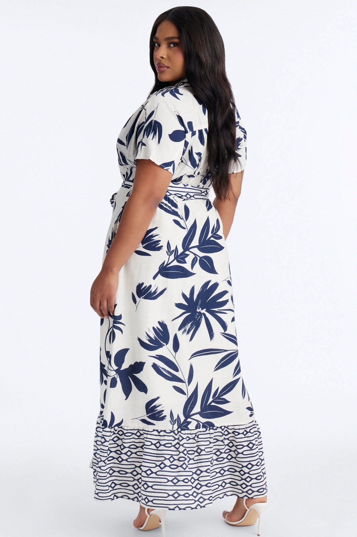 Mable Collared Linen Maxi Dress - Navy/combo