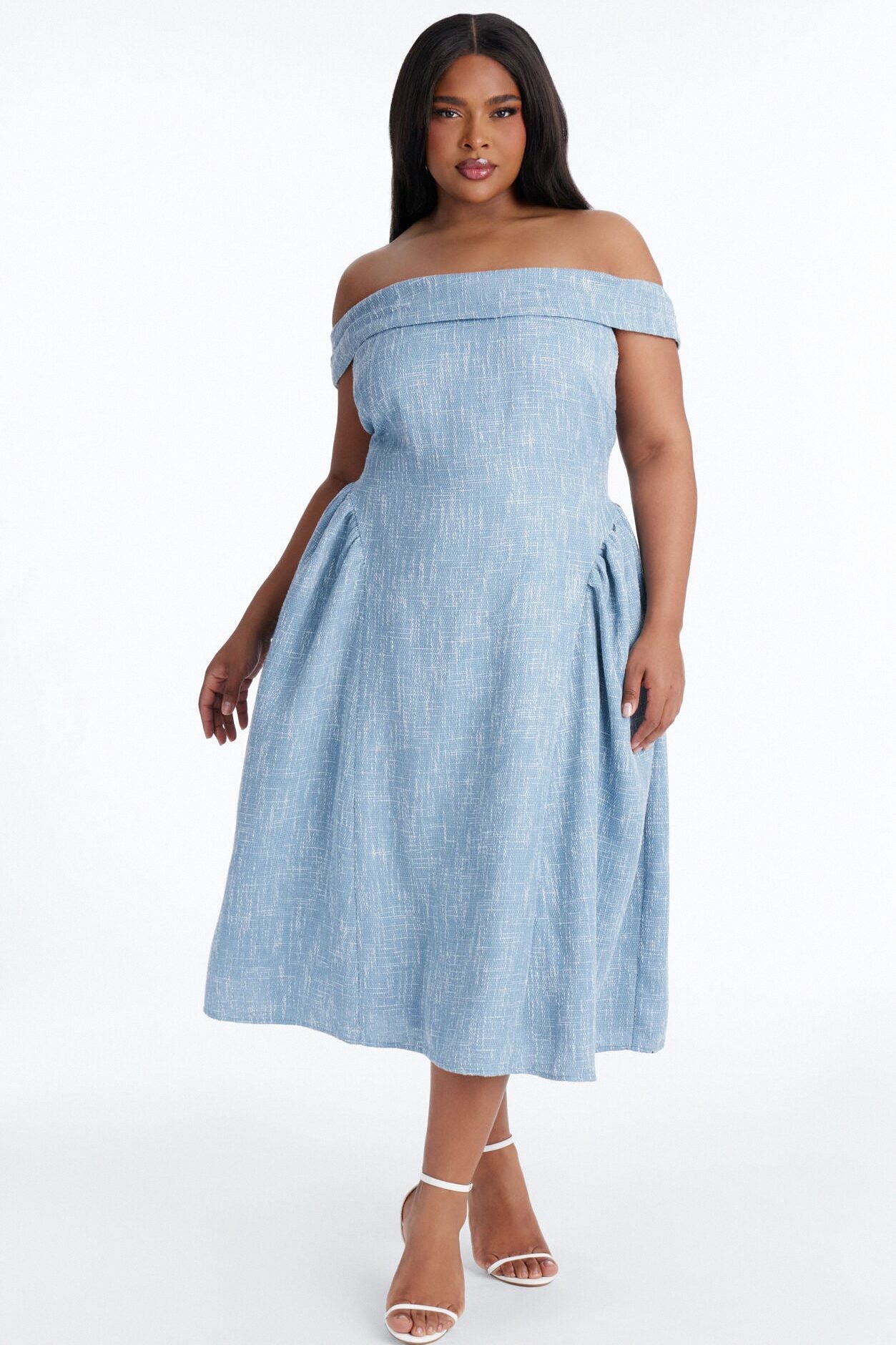 Paisley Off Shoulder Tweed Midi Dress - Denim