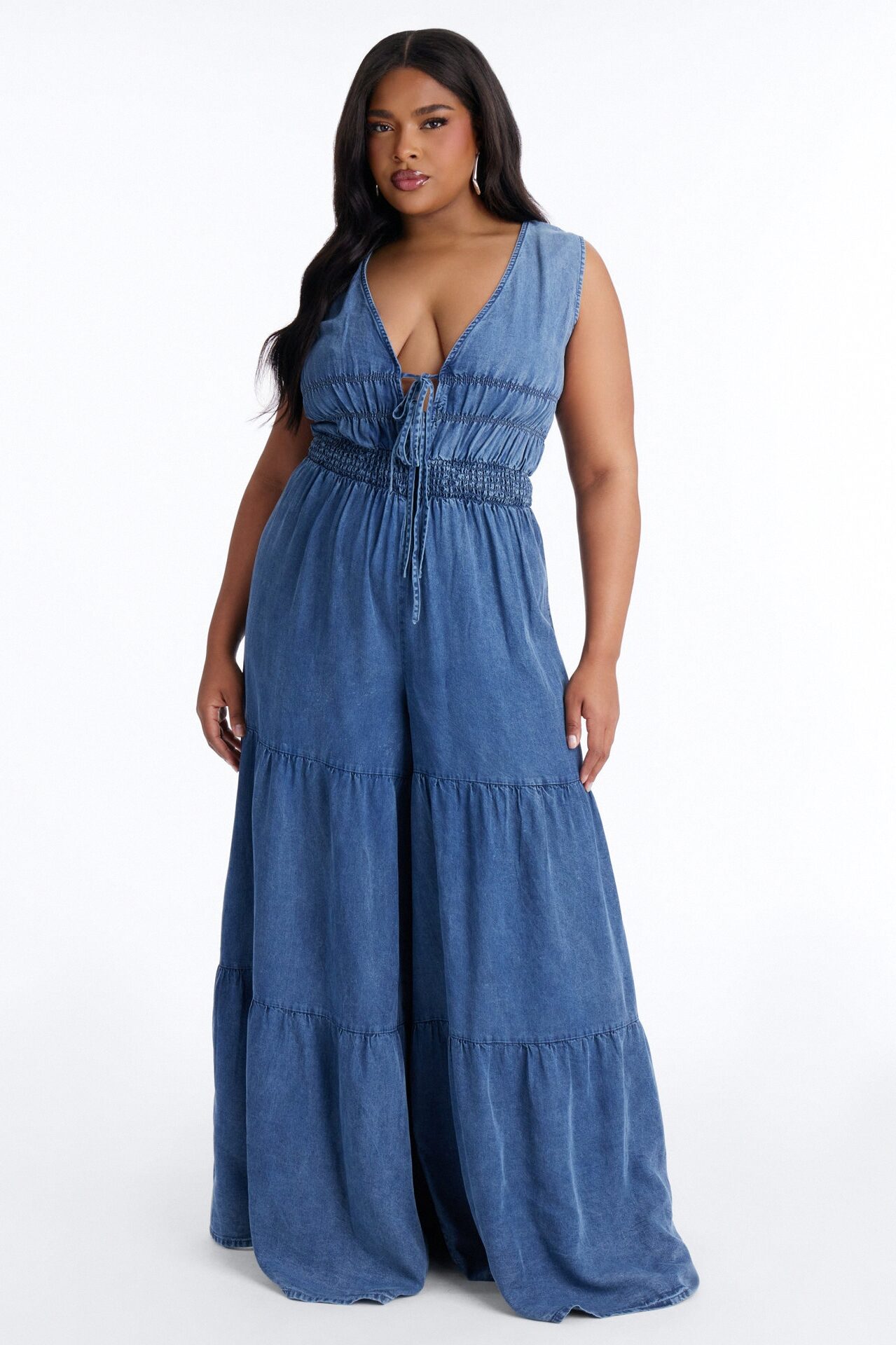 Hazel Plunge Neck Denim Jumpsuit - Light Wash