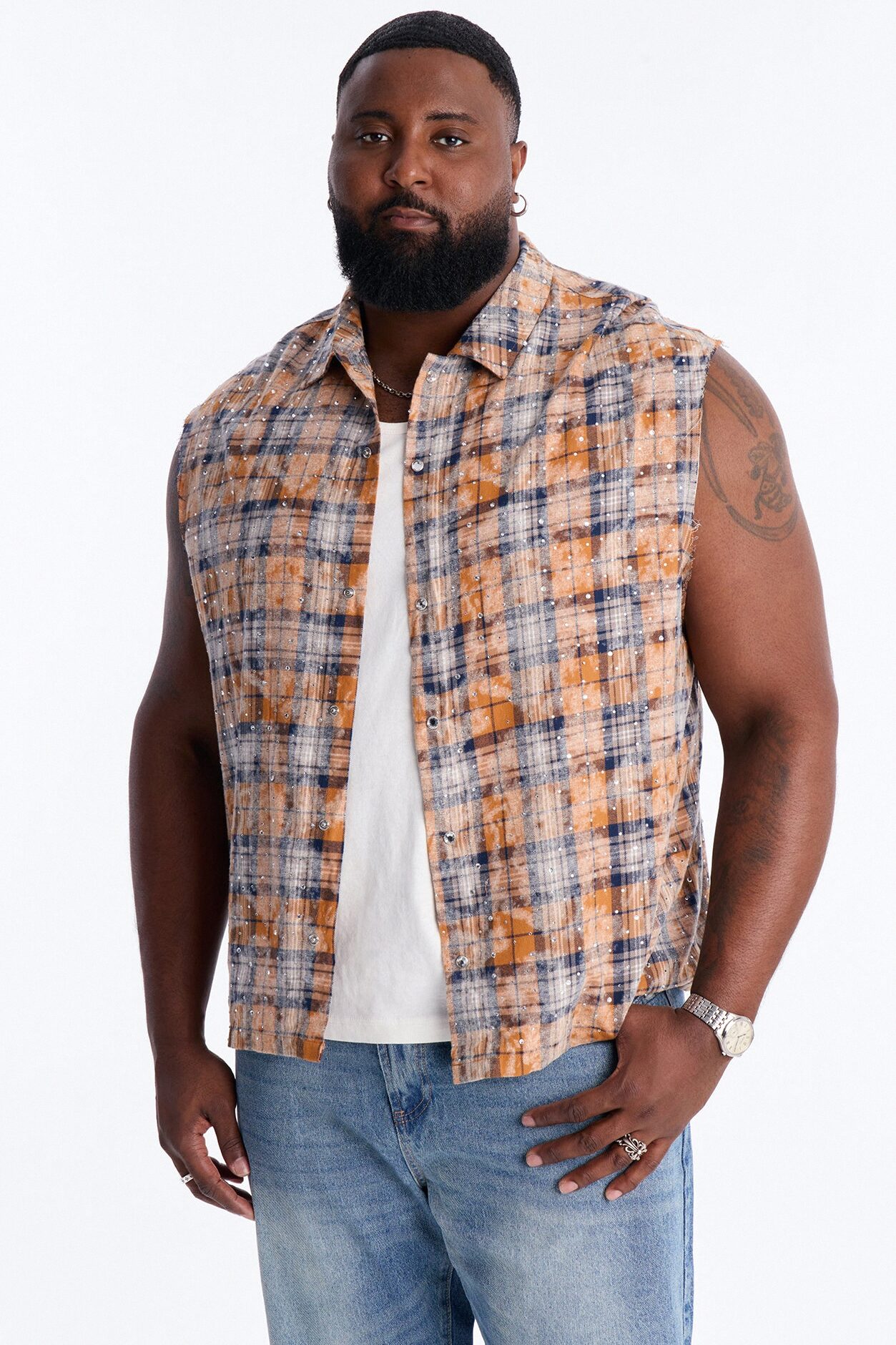Rhinestone Rain Sleeveless Plaid Flannel - Gold