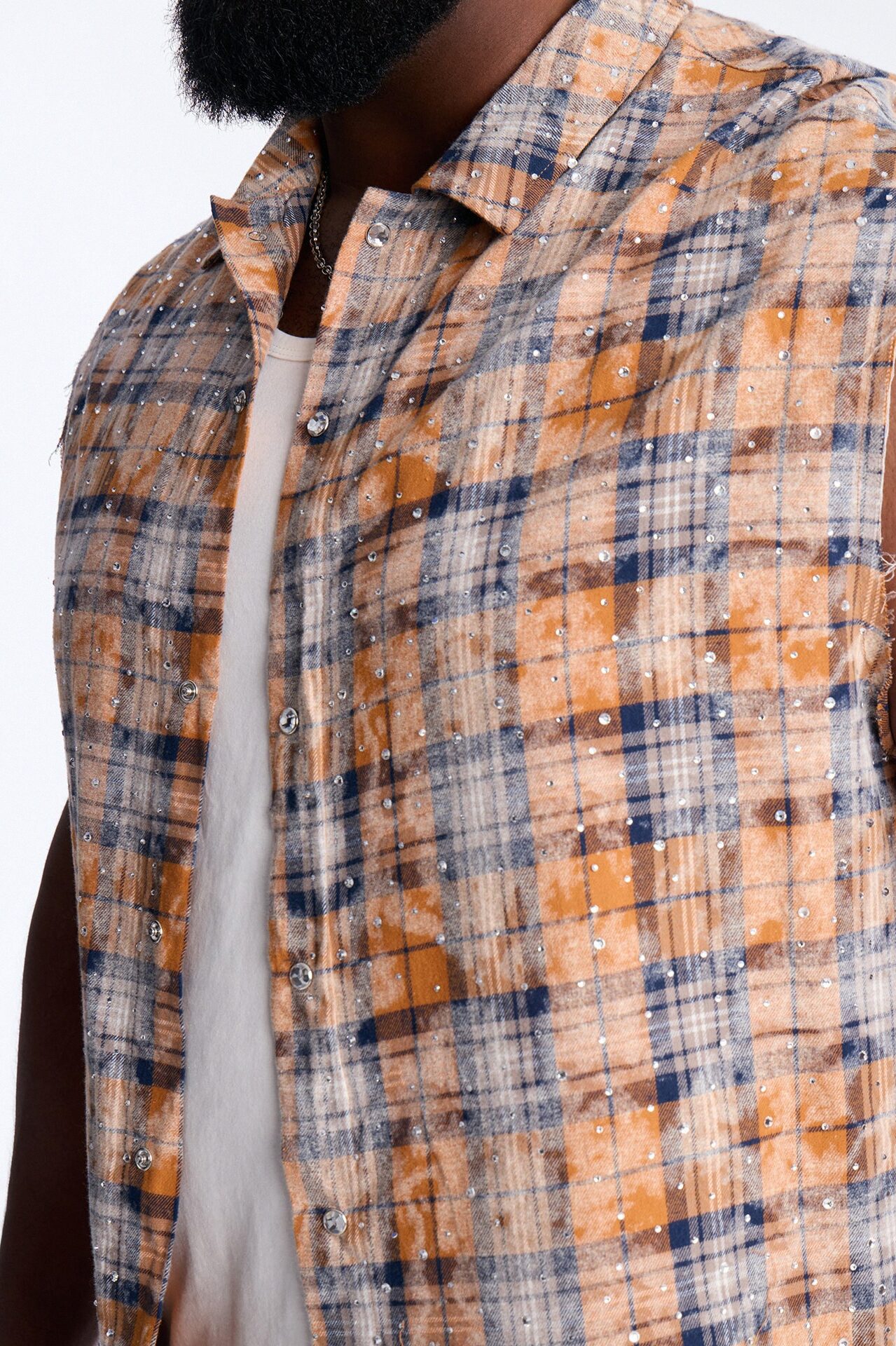 Rhinestone Rain Sleeveless Plaid Flannel - Gold
