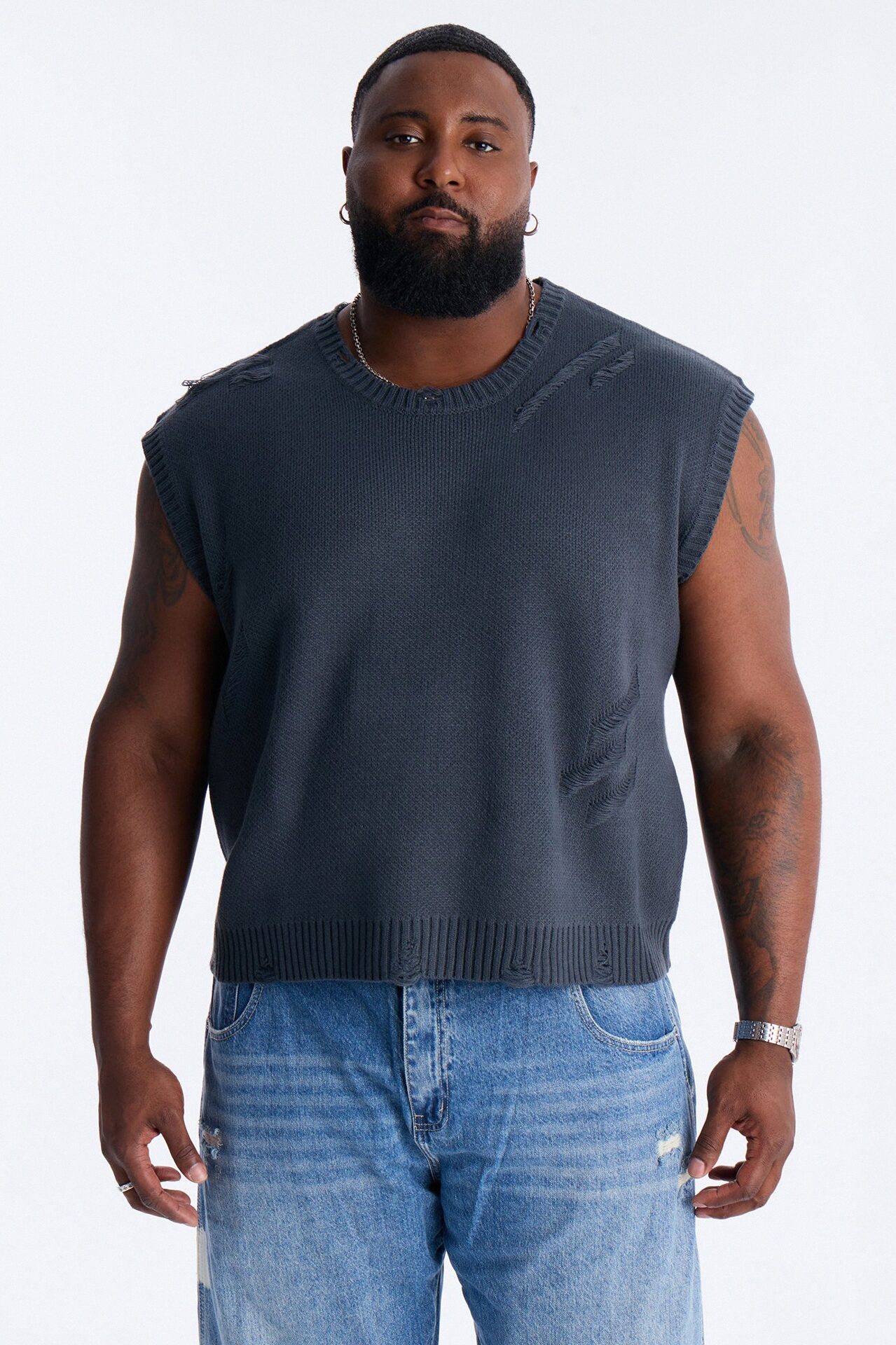 Shredline Desgastado Frayed Sweater Vest - Olive