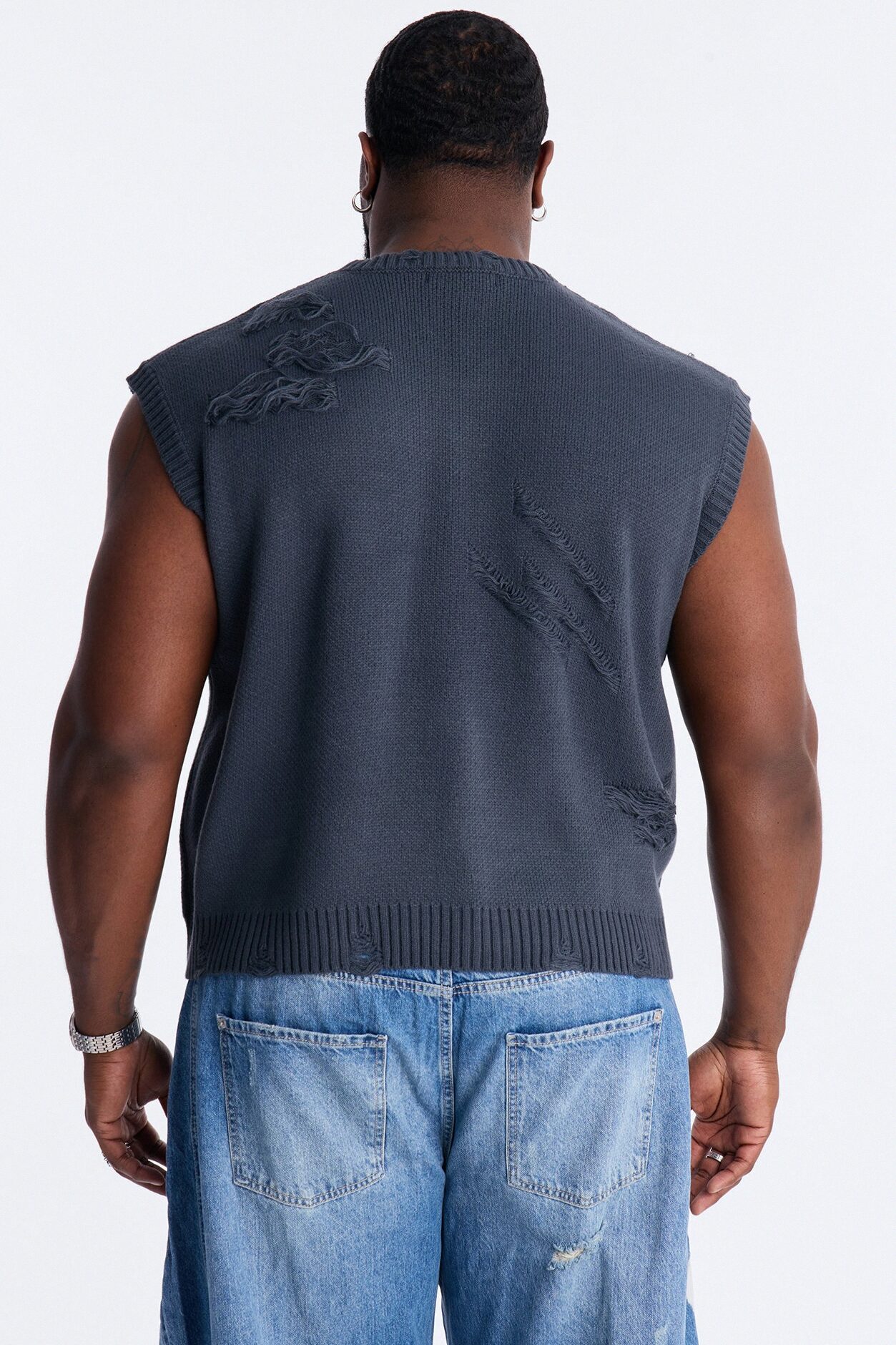 Shredline Desgastado Frayed Sweater Vest - Olive