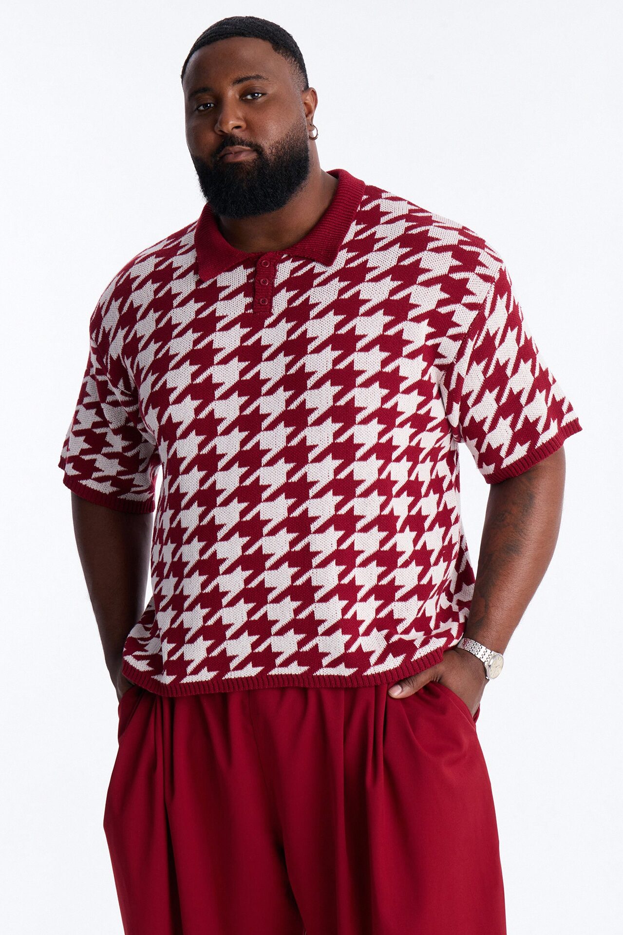 Houndstooth Short Sleeve Knitted Polo - Burgundy