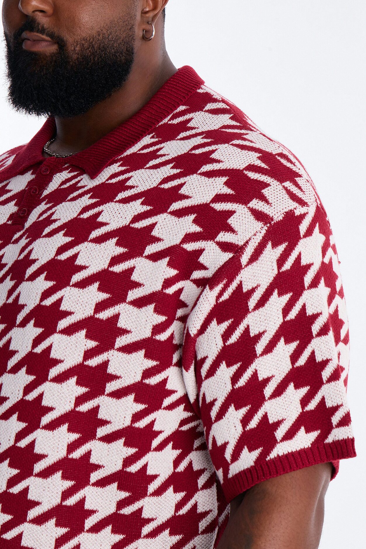 Houndstooth Short Sleeve Knitted Polo - Burgundy