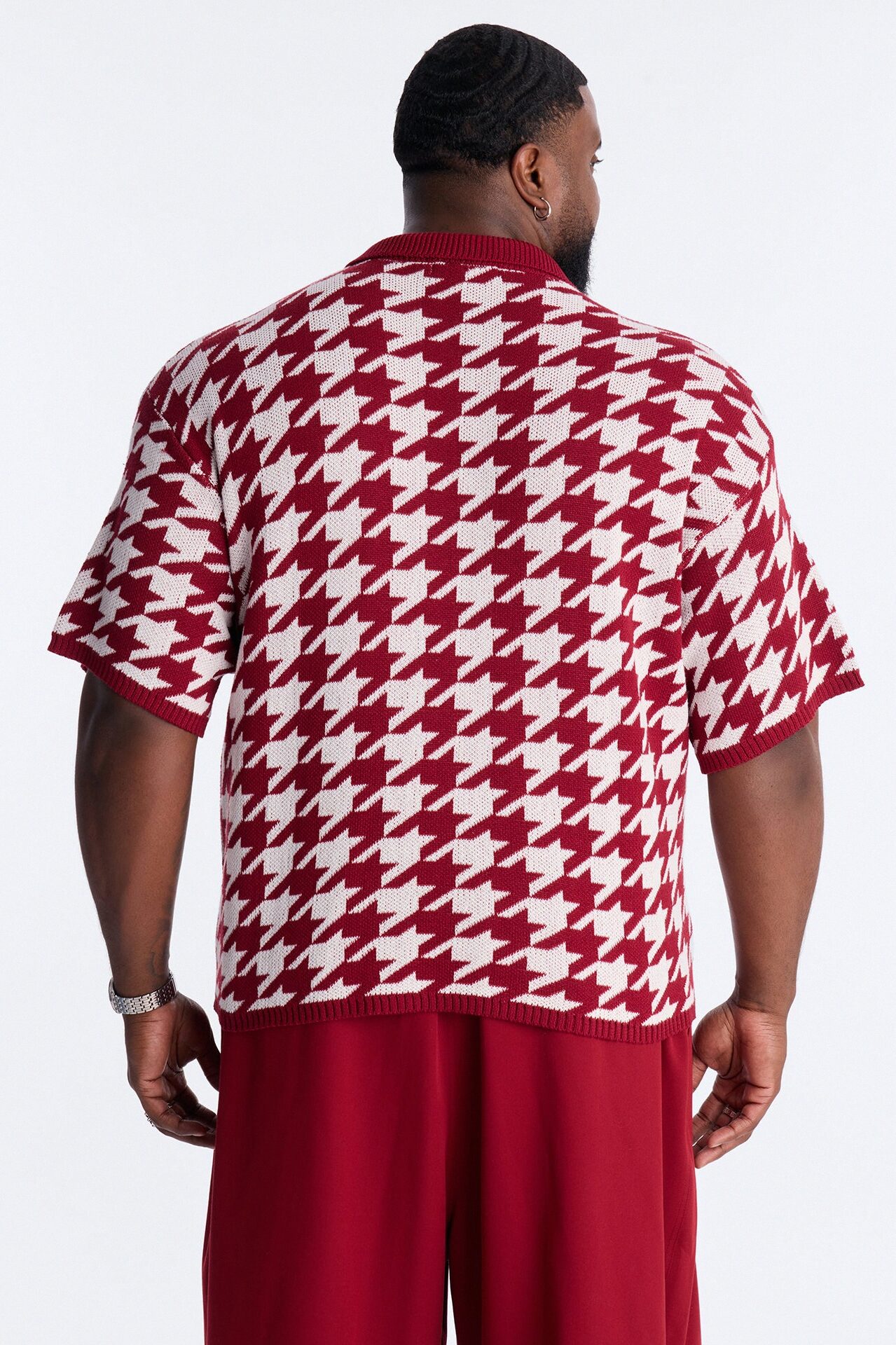 Houndstooth Short Sleeve Knitted Polo - Burgundy