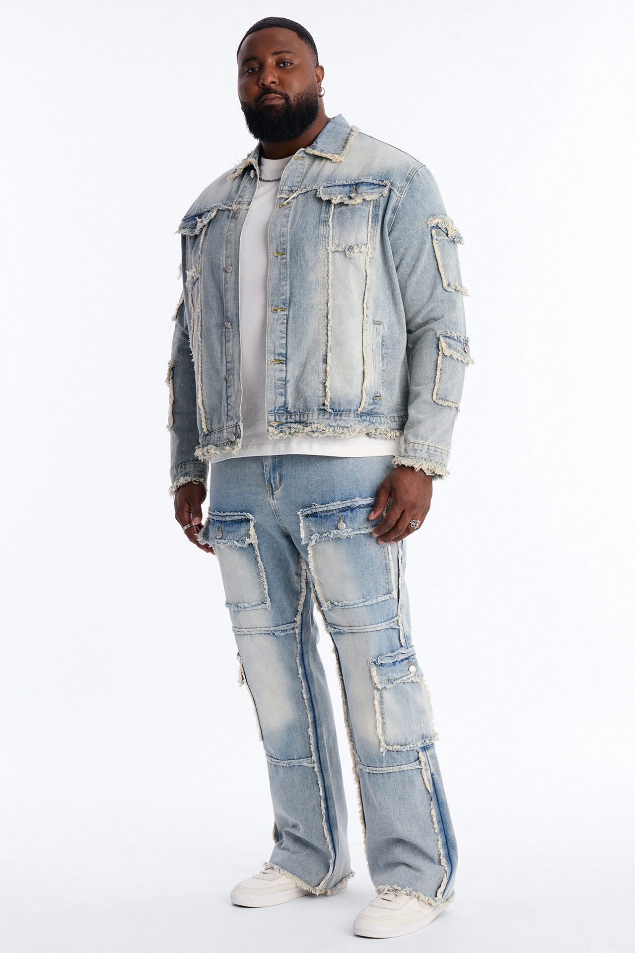 Straight Flare Tattered Cargo Jean - Light Wash
