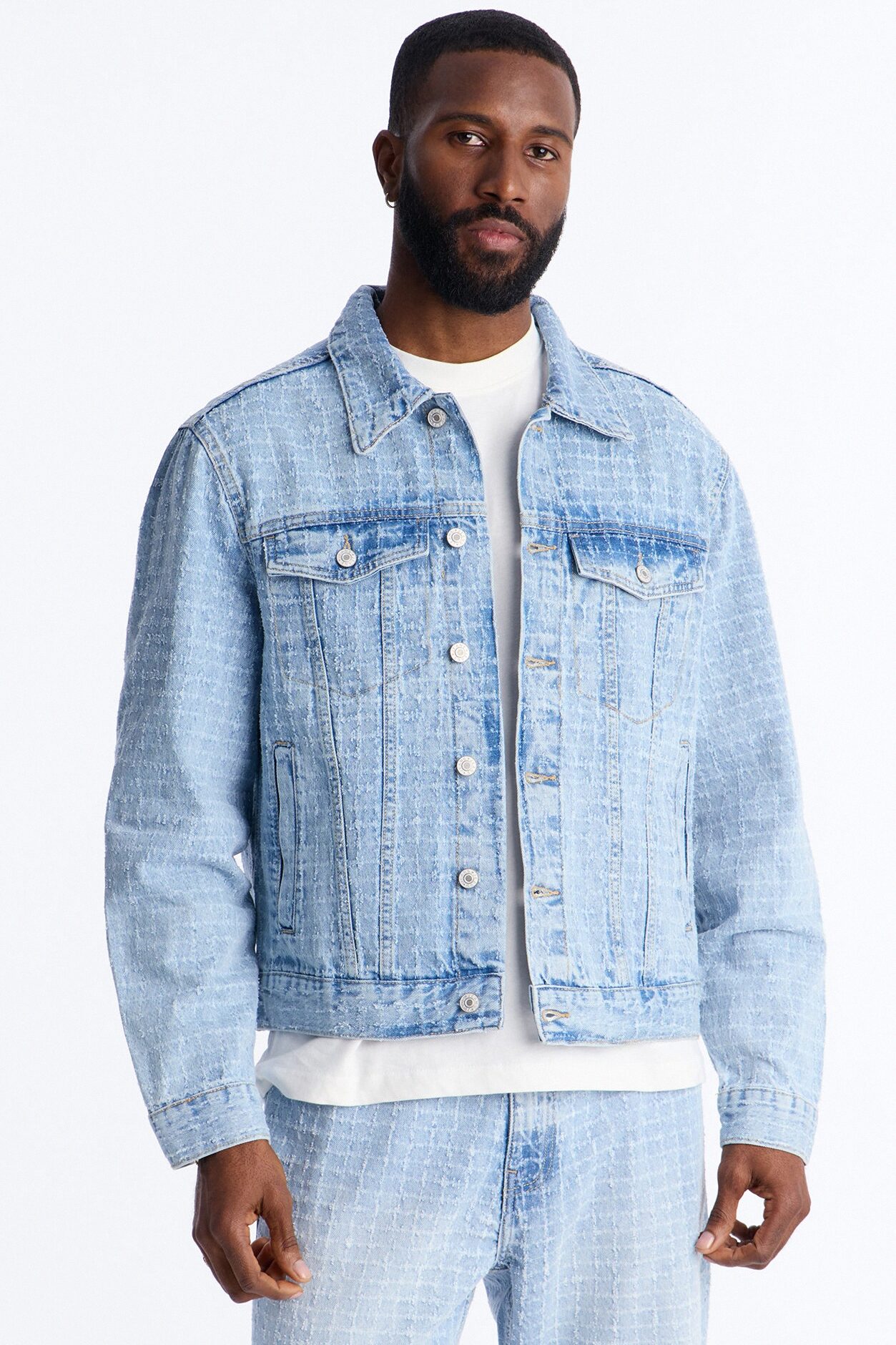 Cropped Windowpane Denim Trucker Jacket - Light Wash