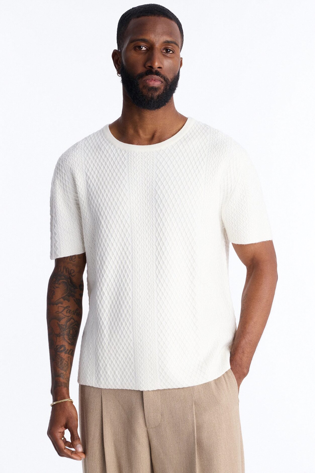 Relaxed Knitted Crewneck Tee - Cream