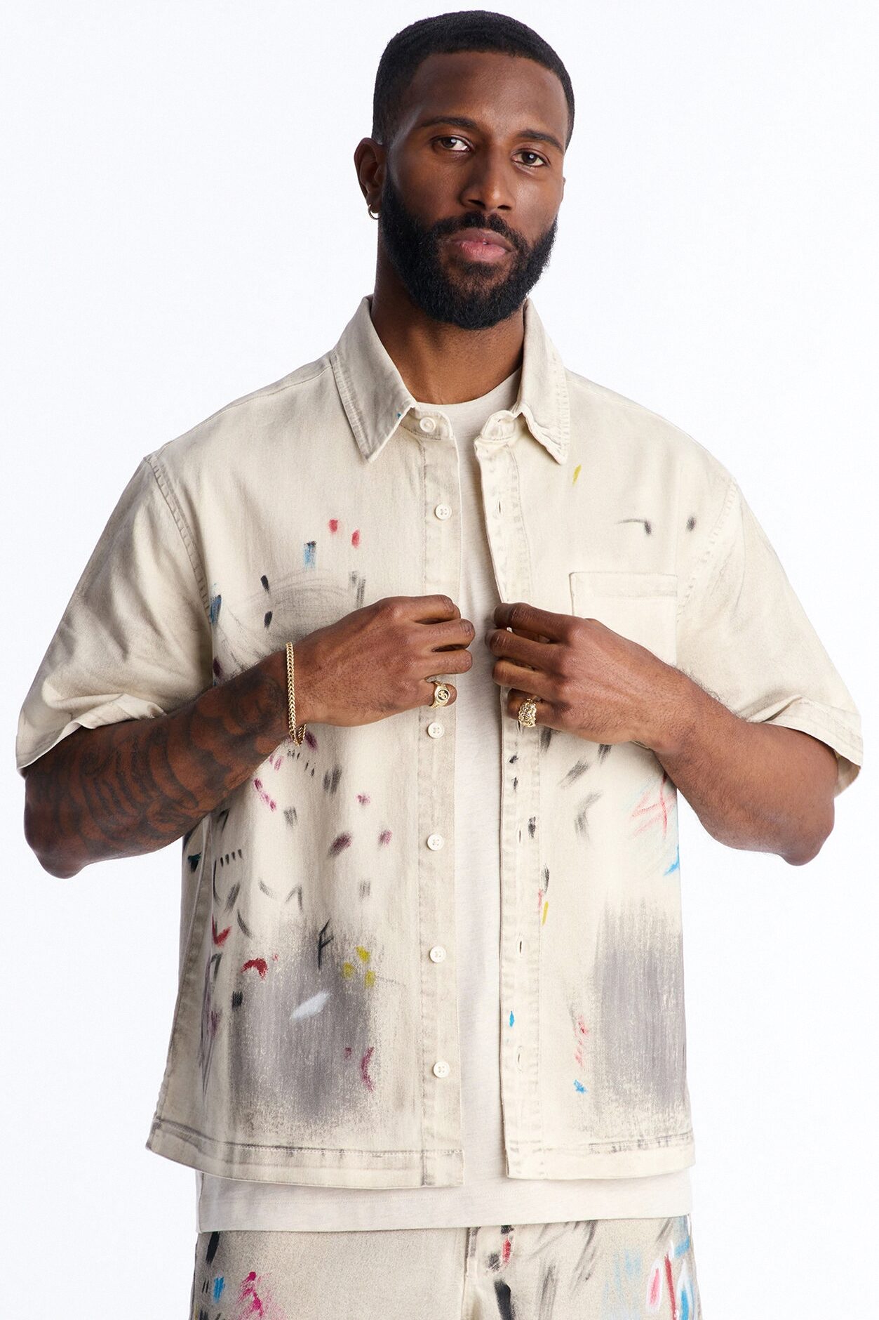 Cropped Hope Street Splatter Denim Button Up Shirt - Cream