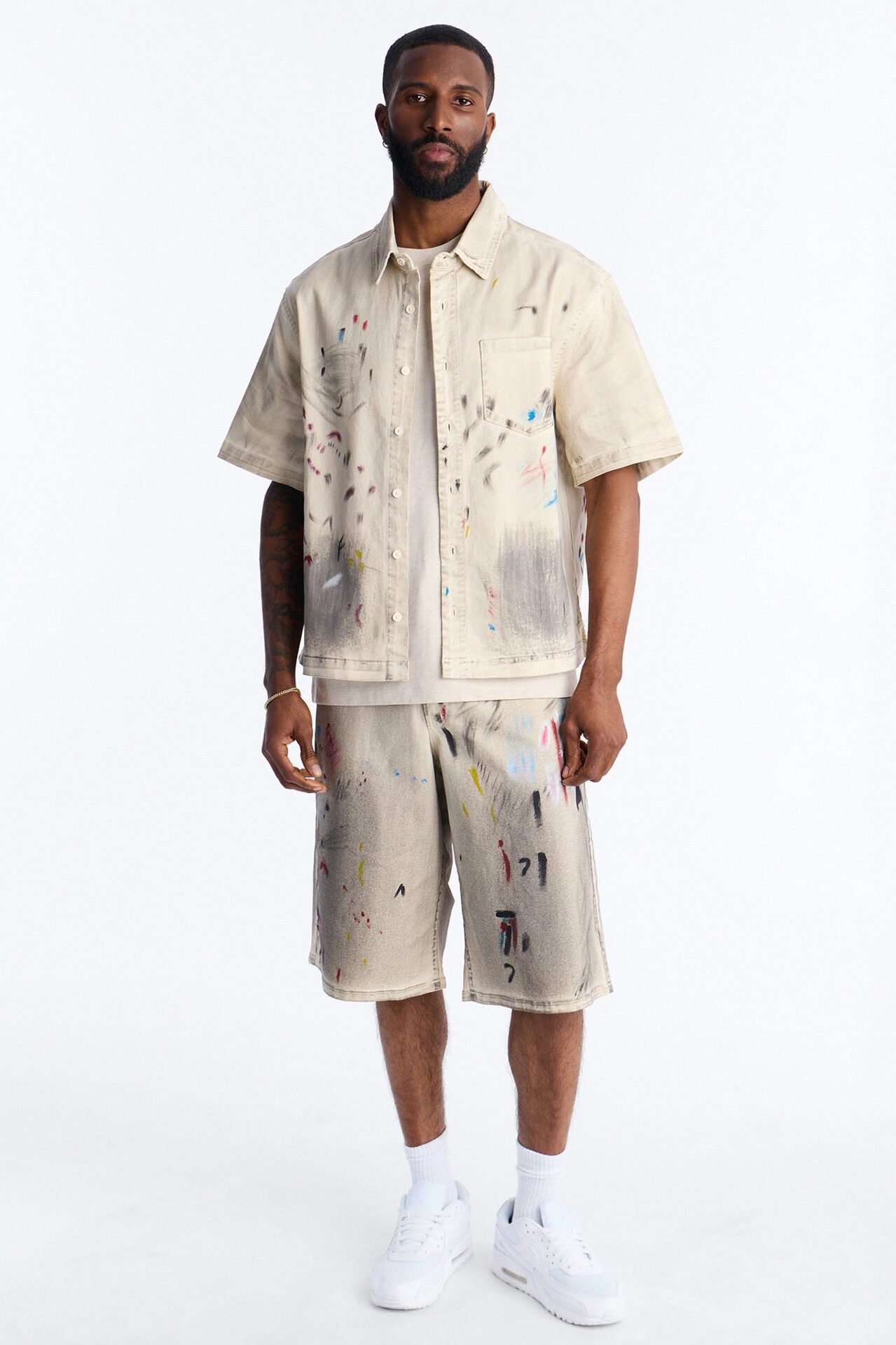 Cropped Hope Street Splatter Denim Button Up Shirt - Cream