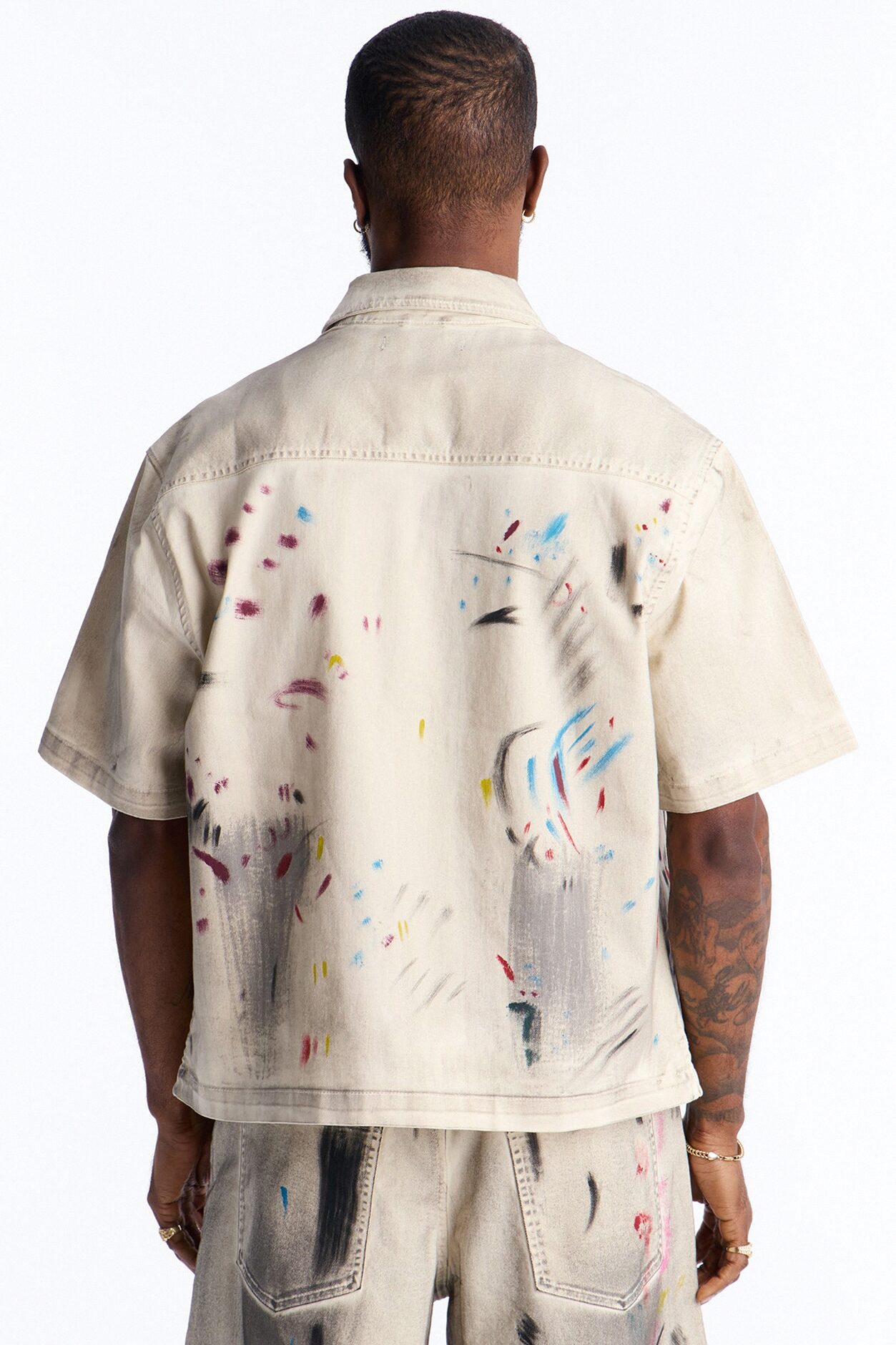 Cropped Hope Street Splatter Denim Button Up Shirt - Cream