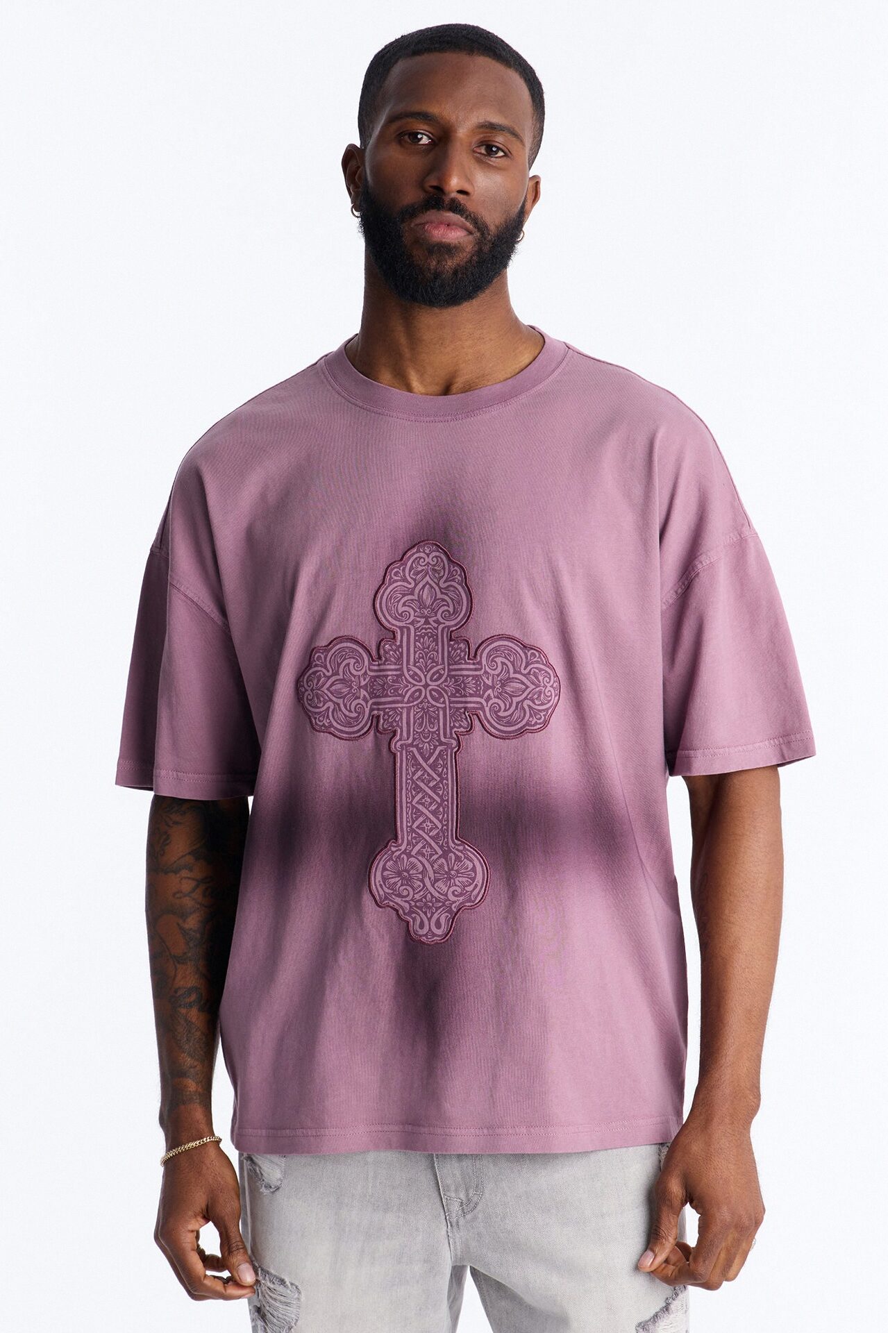 Cross Shadow Patch Short Sleeve Tee - Purple