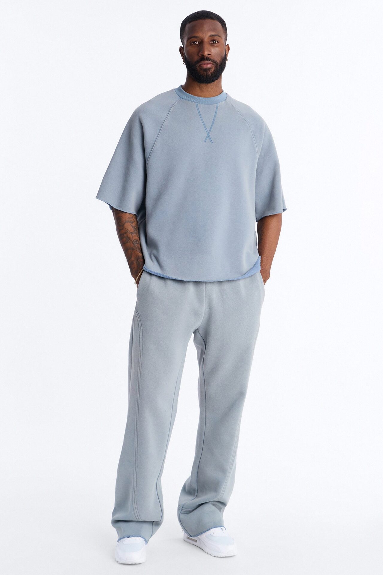 Washed Raw Edge Flare Sweatpant - Slate Blue