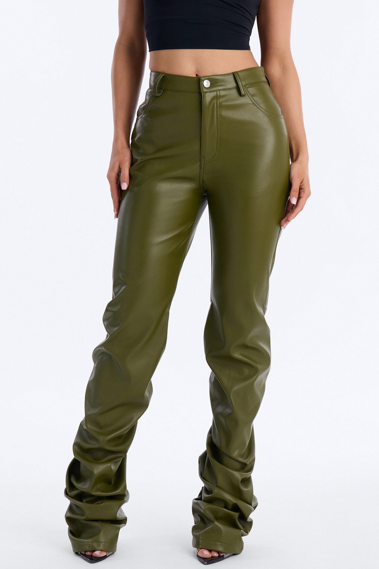 Making A Statement Faux Leather Stacked Pant 36 - Olive