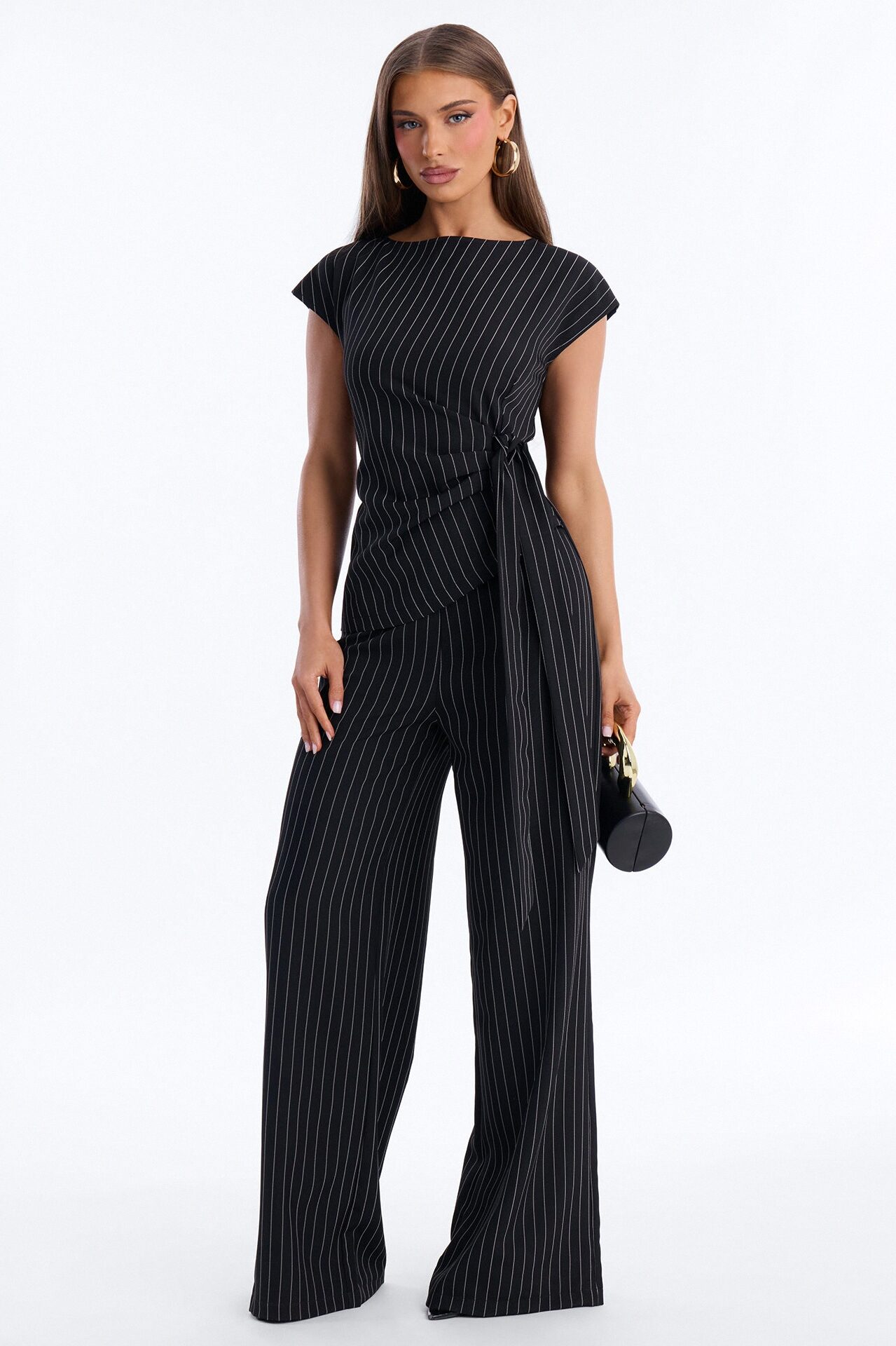 Paulina Pinstripe Wide Leg Jumpsuit - Black