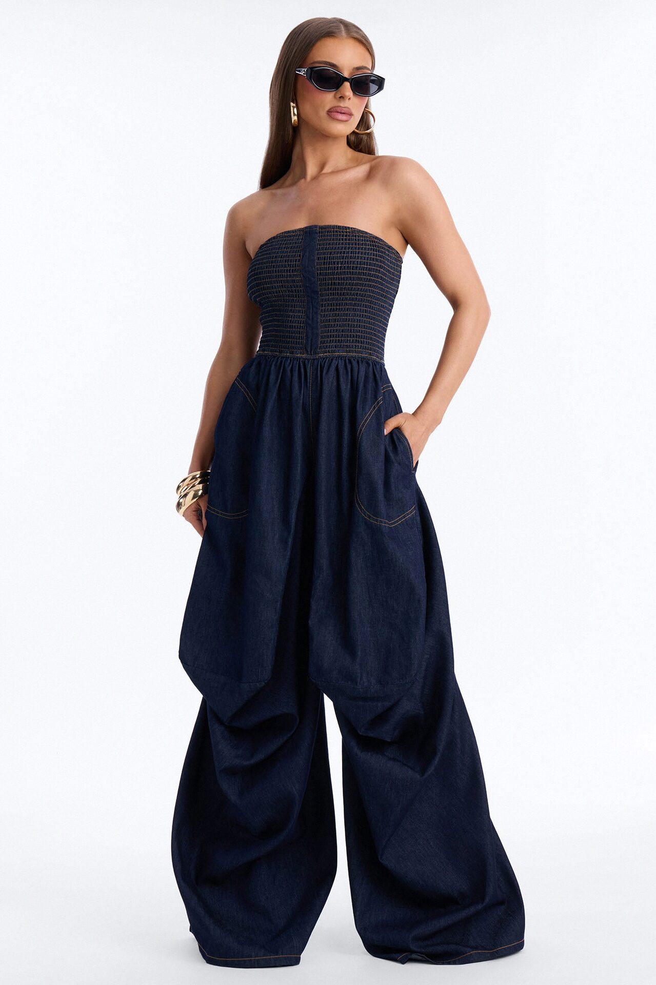 Bella Smocked Denim Jumpsuit - Dark Wash