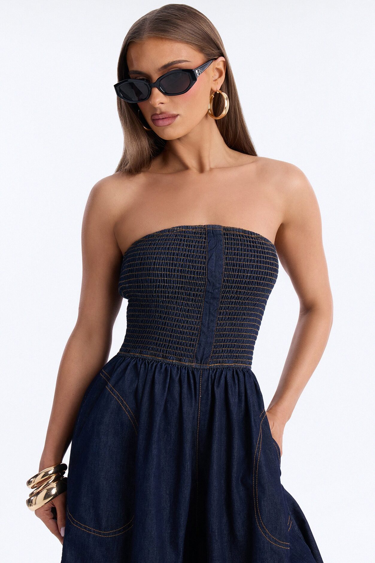 Bella Smocked Denim Jumpsuit - Dark Wash