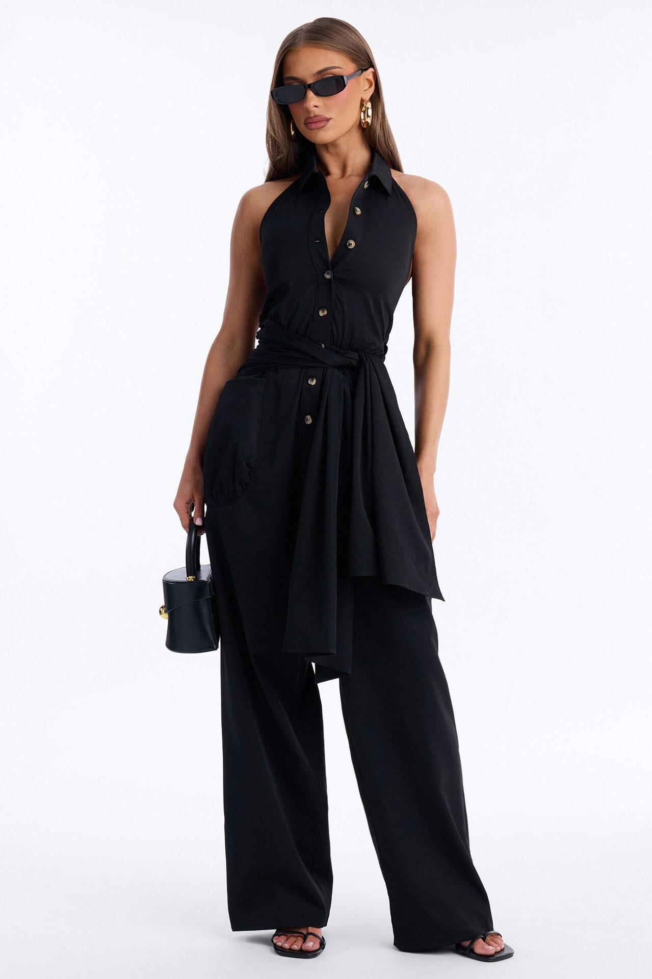 Chelley Cinched Waist Wide Leg Jumpsuit - Black