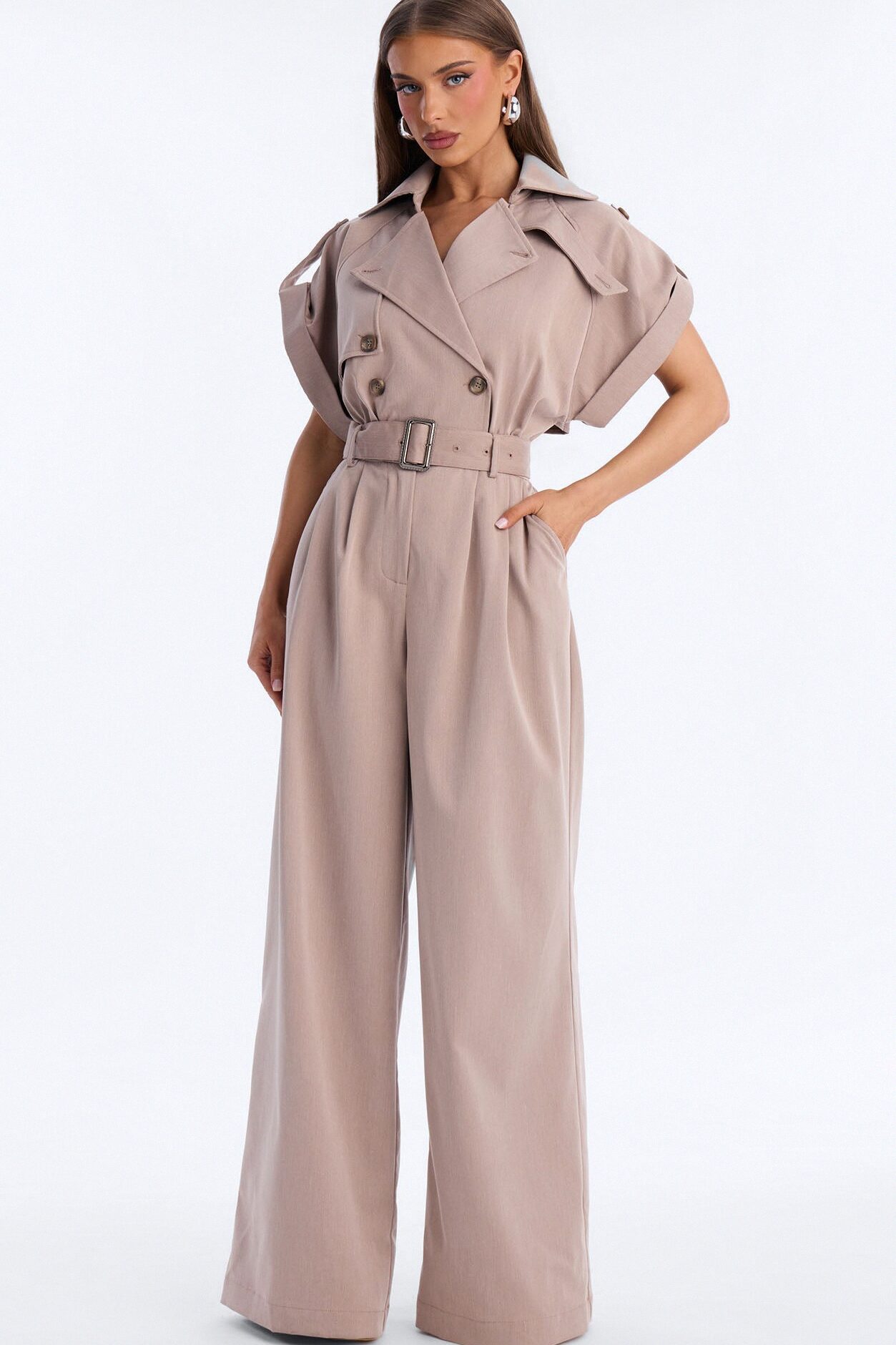 Gayle Belted Trench Jumpsuit - Mocha