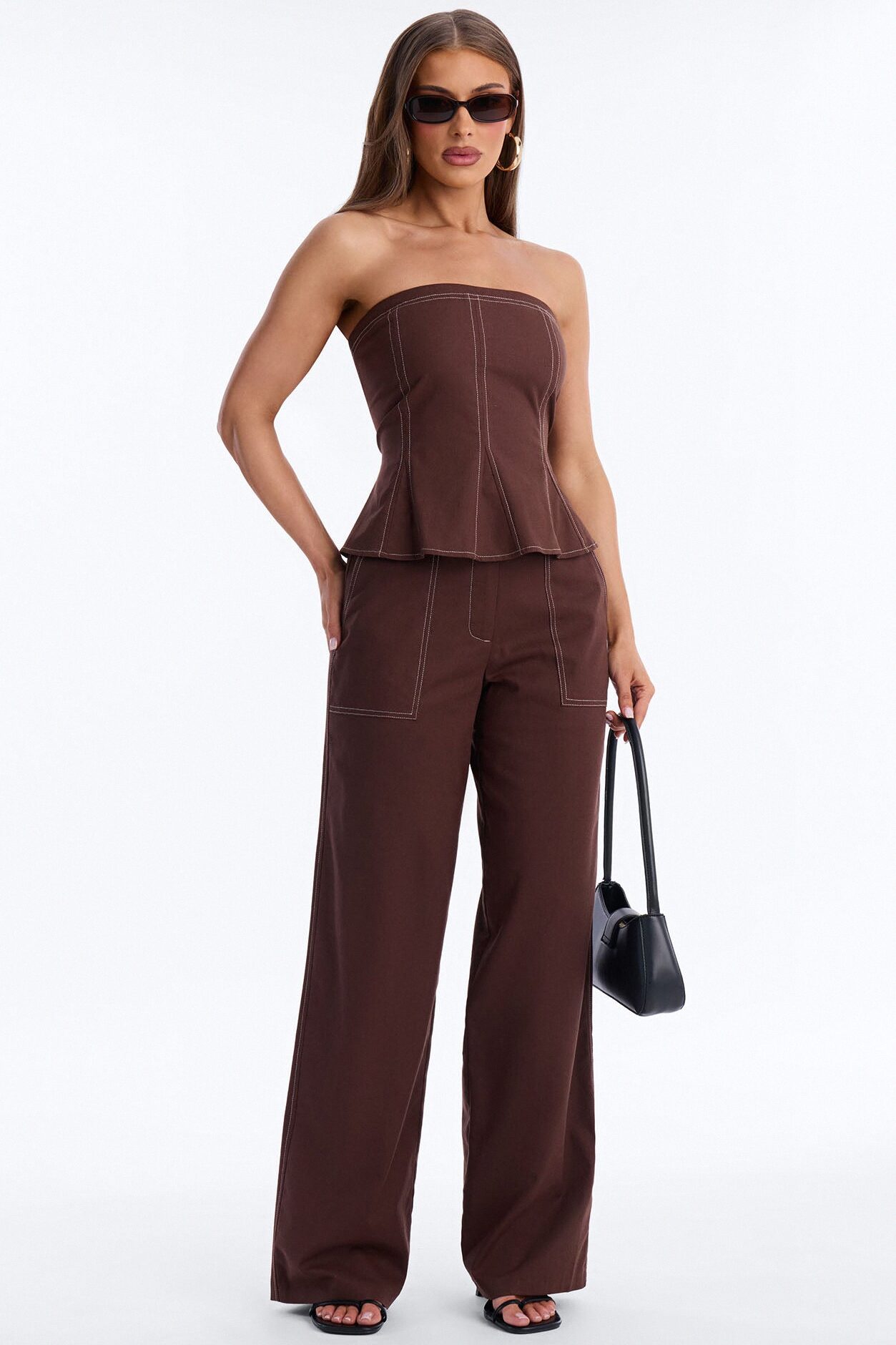 Olivia Linen Strapless Pant Set - Brown