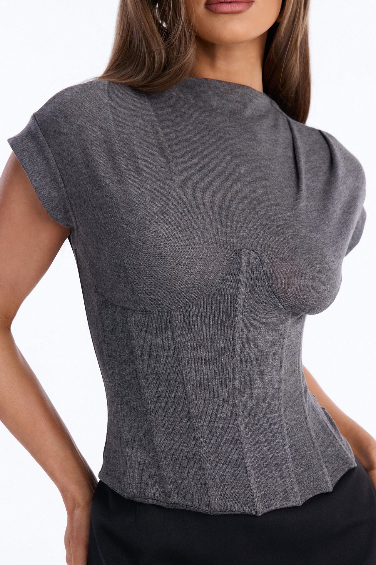 Serene Sculpt Mock Neck Short Sleeve Corset Top - Charcoal