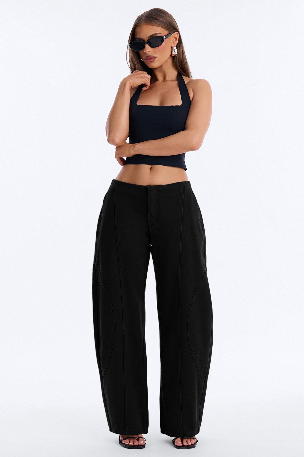 Maliah Low Rise Twill Barrel Leg Pants - Black